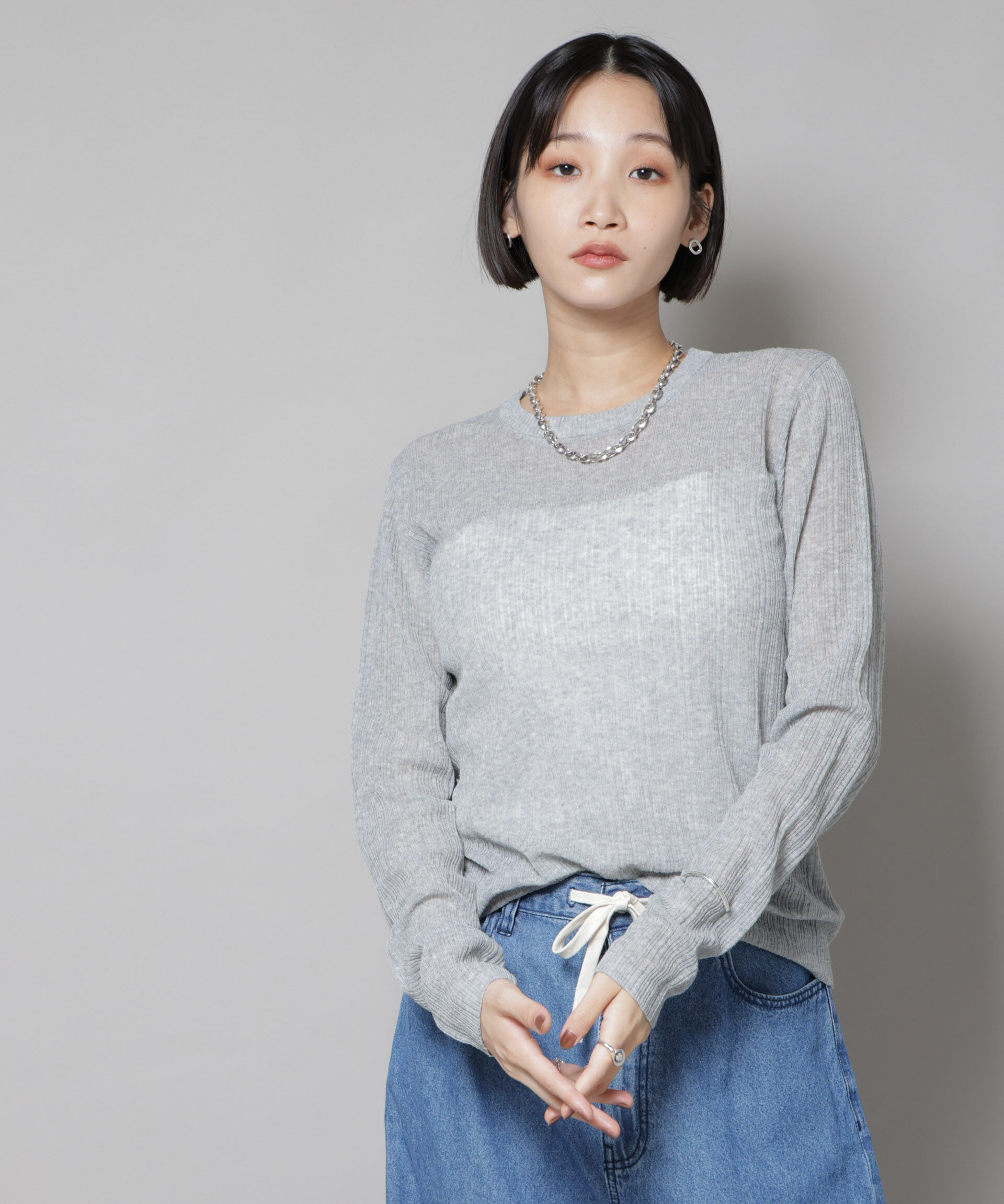 nano･universe「シアーランダムリブクルーネックニット」|ニット・セーター|L.グレー1