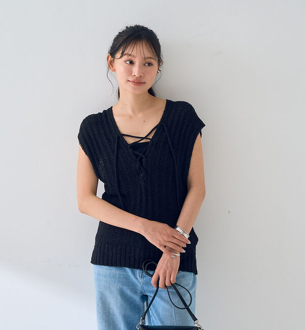Rouge vif「麻混ニットレースアップベスト」|ニット・セーター|