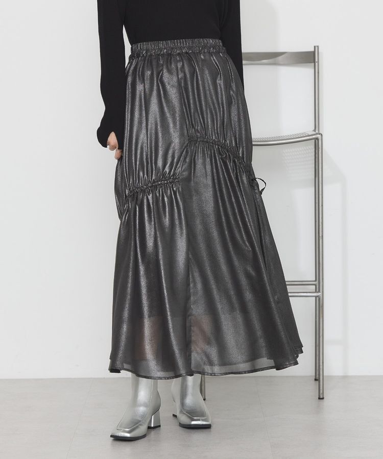 earth music&ecology「シャイニーアシンメトリーギャザースカート」|フレア|