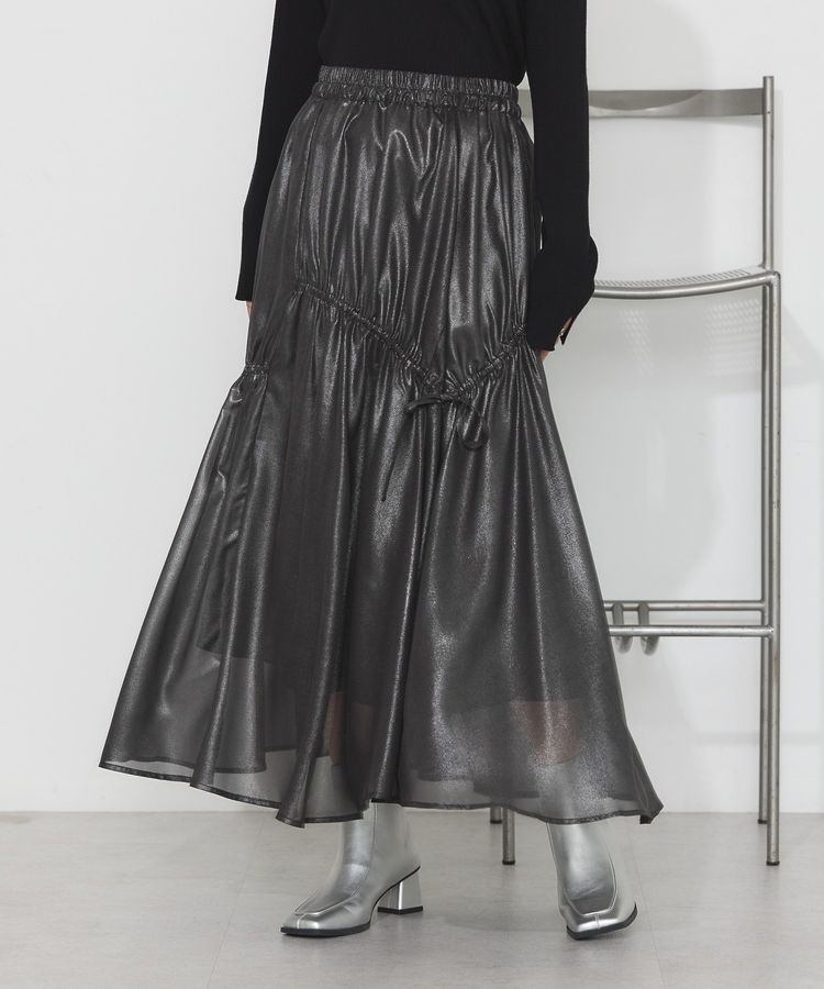 earth music&ecology「シャイニーアシンメトリーギャザースカート」|フレア|