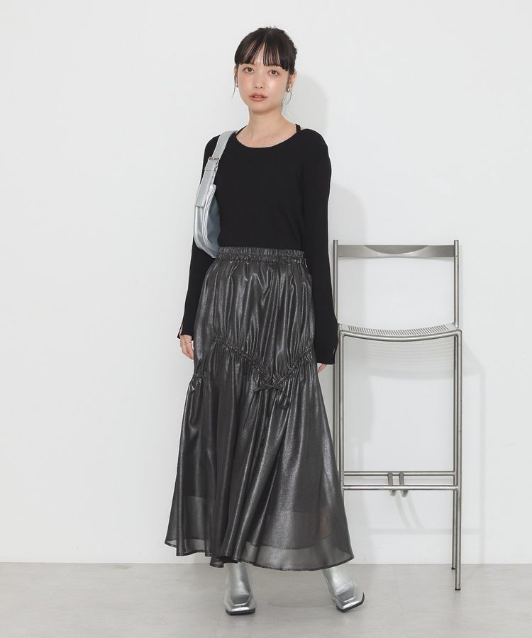 earth music&ecology「シャイニーアシンメトリーギャザースカート」|フレア|