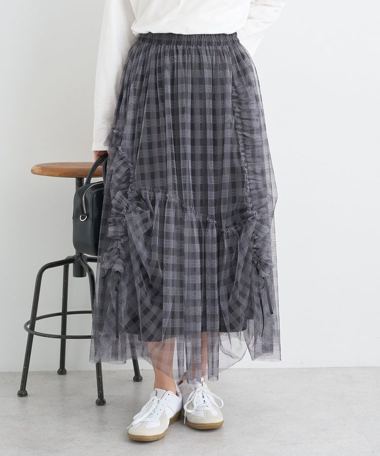 earth music&ecology「チュールアシンメトリーフリルスカート」|フレア|