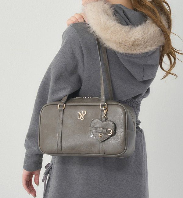  「ハートミラー付きスクエアボストンバッグ」|ショルダー・メッセンジャー|チャコールグレー