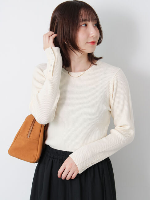 Te chichi TERRASSE「袖口釦クルーネックリブニット」|ニット・セーター|オフホワイト