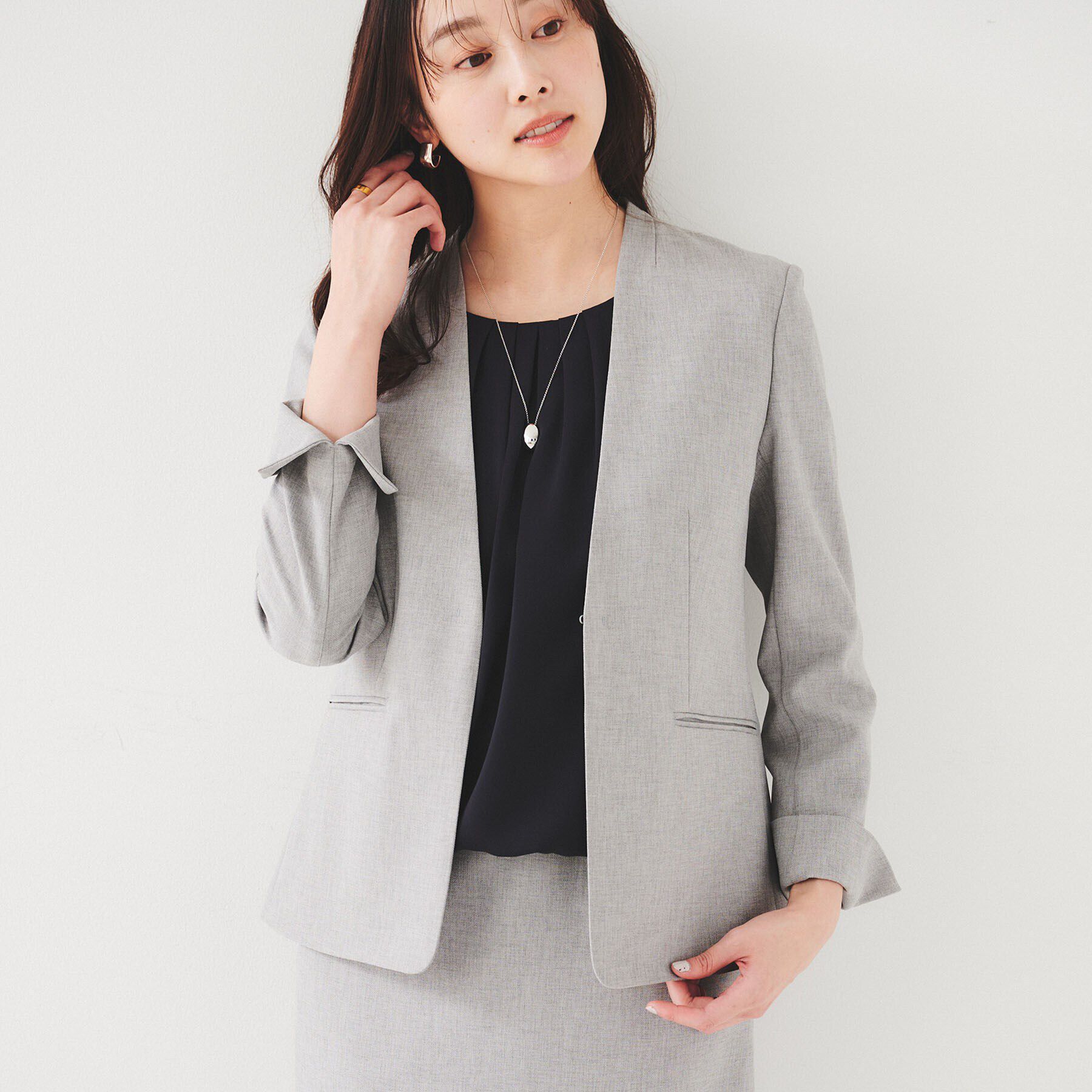 UNTITLED「【セットアップ可能】リネンライク カラーレスジャケット」|ノーカラージャケット|ライトグレー(011