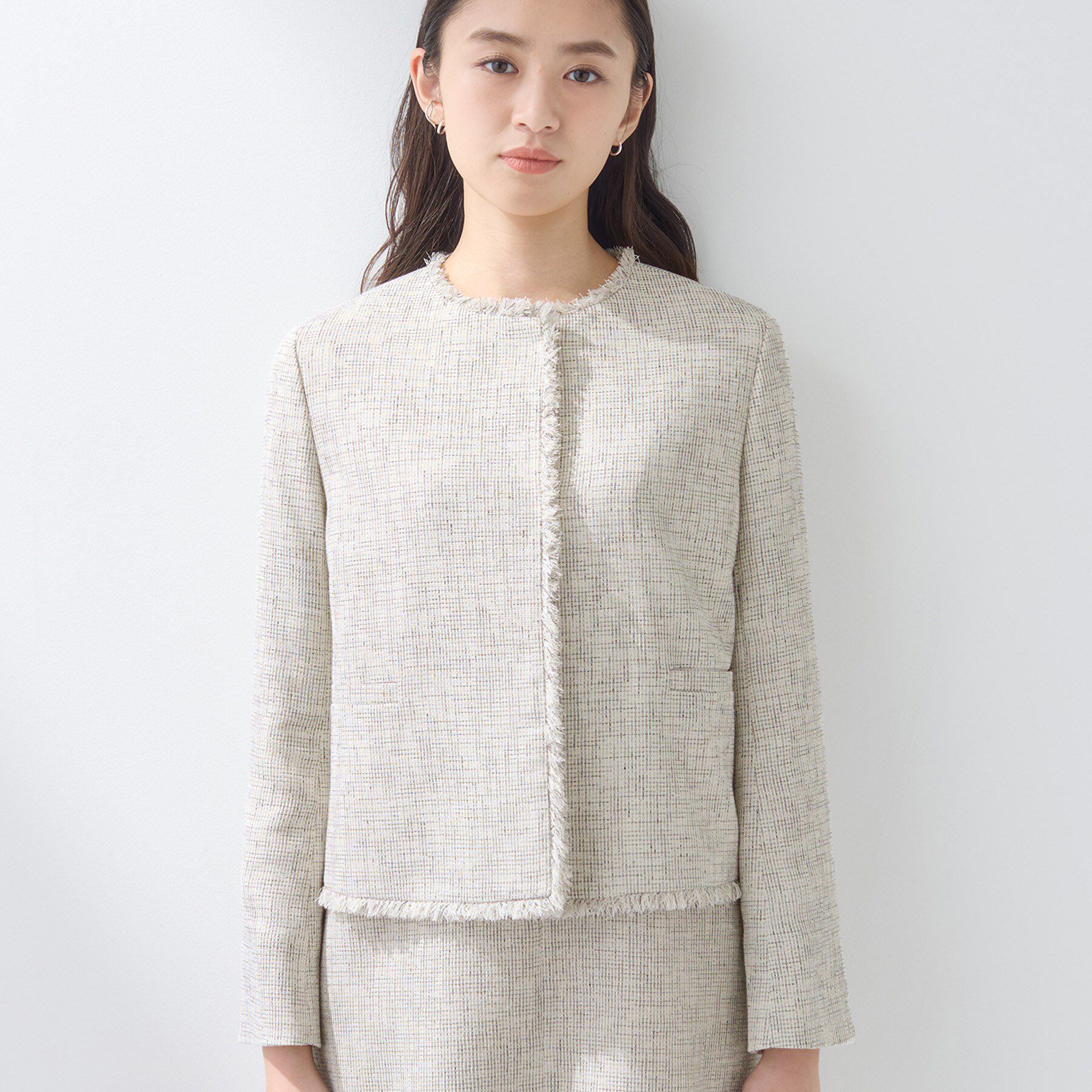 INDIVI「【軽量／セレモニー／SETUP可能】ストレッチツイードジャケット」|ノーカラージャケット|