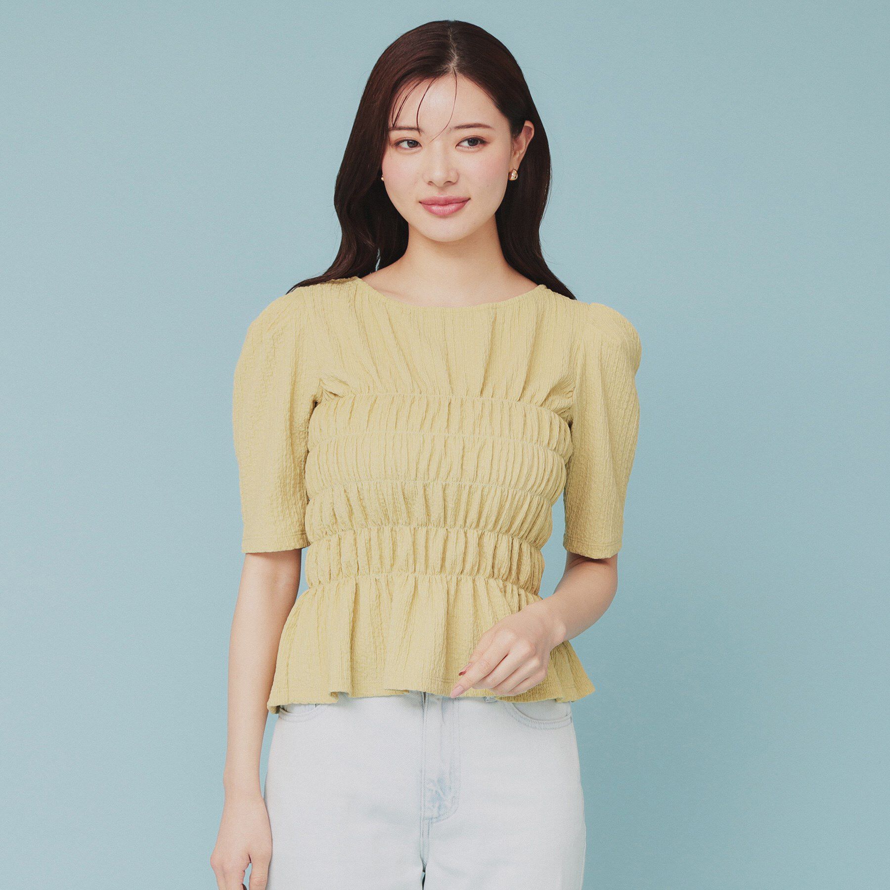 index「シャーリングペプラムトップス【洗濯機洗い可】」|Tシャツ・カットソー|