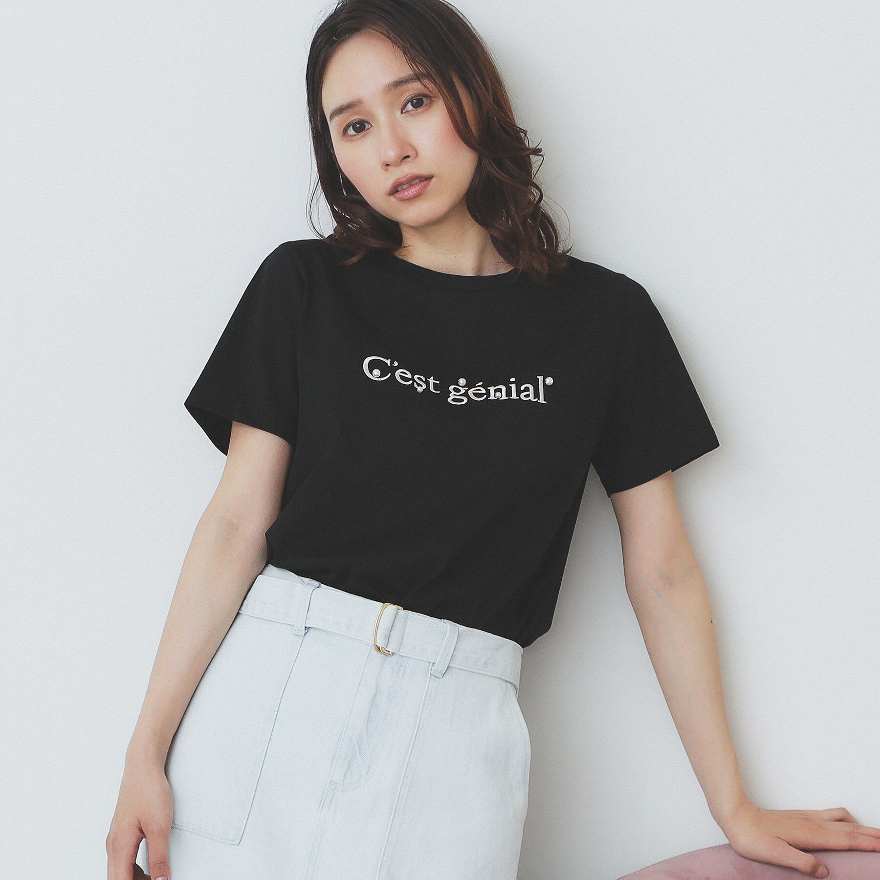 index「パール調刺繍ロゴTシャツ【汗ジミ防止/吸水速乾/接触冷感/UVケア/洗濯機洗い可】」|Tシャツ・カットソー|