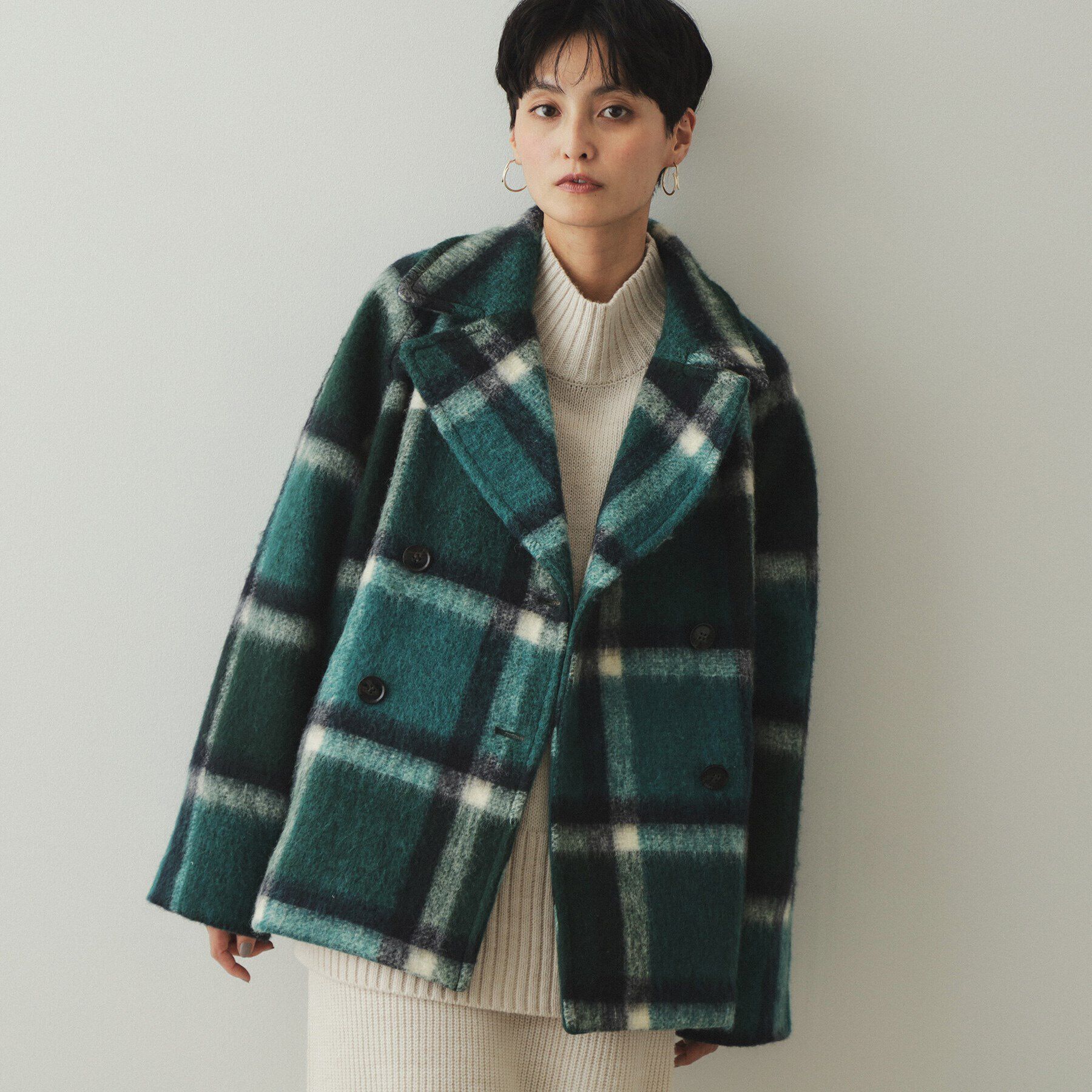 OPAQUE.CLIP「《美人百花掲載》ビックチェック ミドルPコート」|ピーコート|ブルー(292)