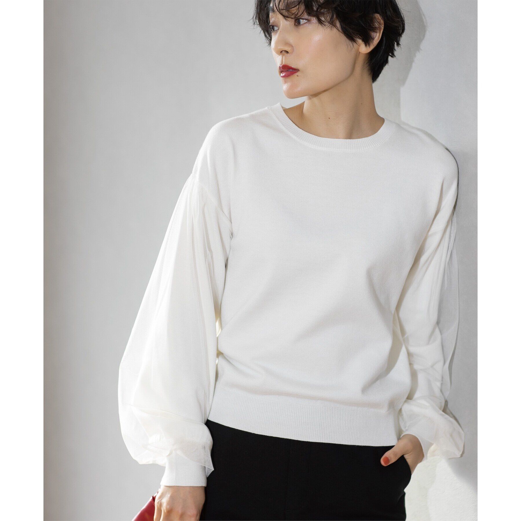 OPAQUE.CLIP「《5color/S-LLsize》チュールドッキングスリーブニット【洗濯機洗い可】」|ニット・セーター|