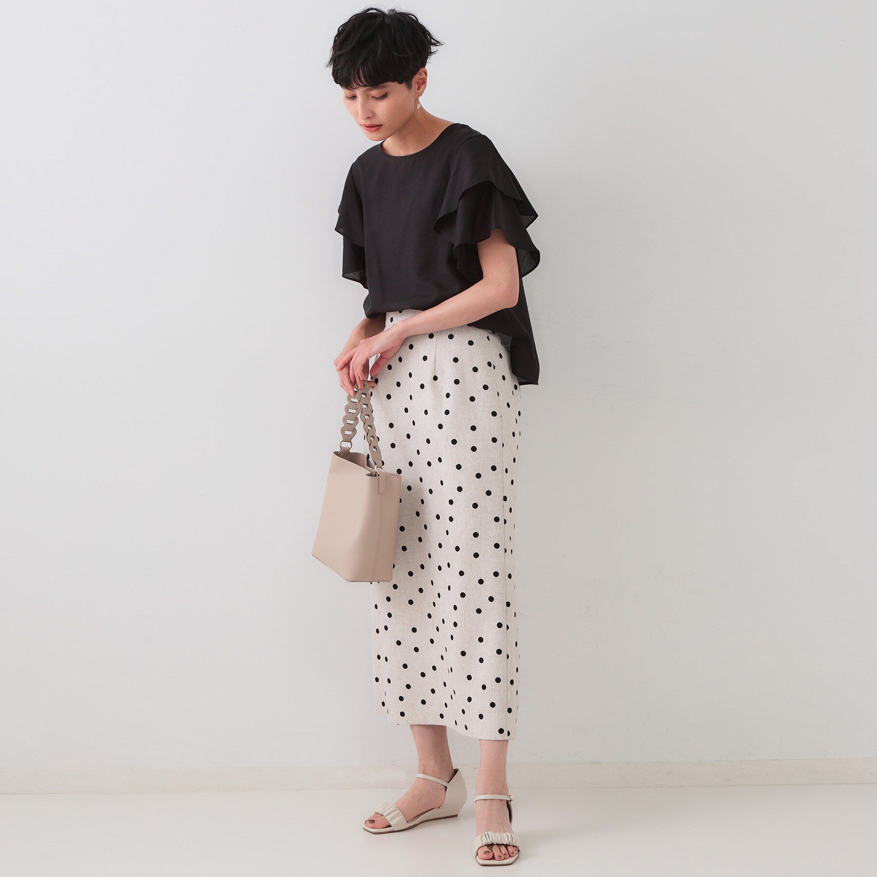 OPAQUE.CLIP「麻混ドットプリントナロースカート【洗濯機洗い可】」|スカート|