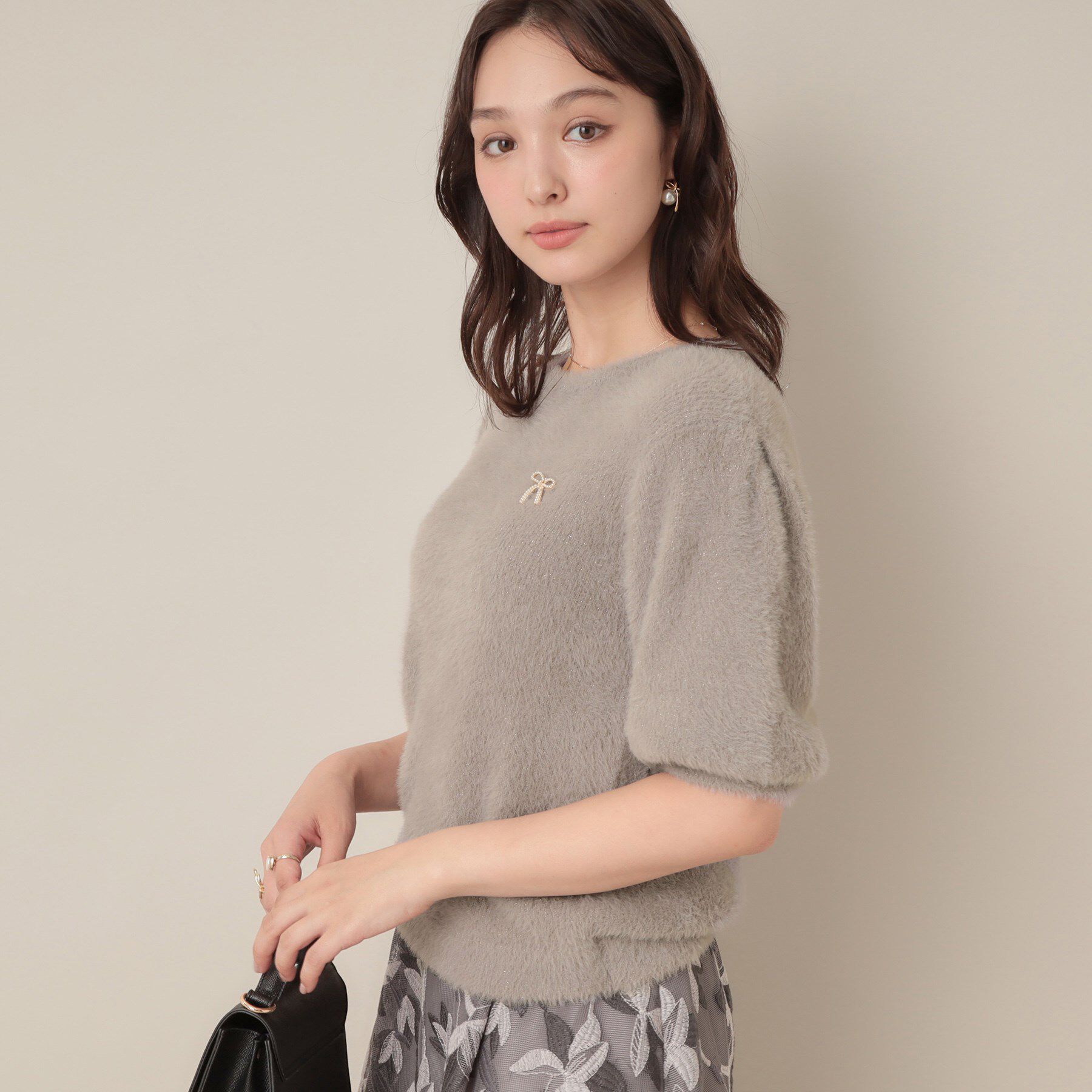 Couture broach「【着映え・5分袖・フェミニン】ラメフェザー半袖ニット」|ニット・セーター|