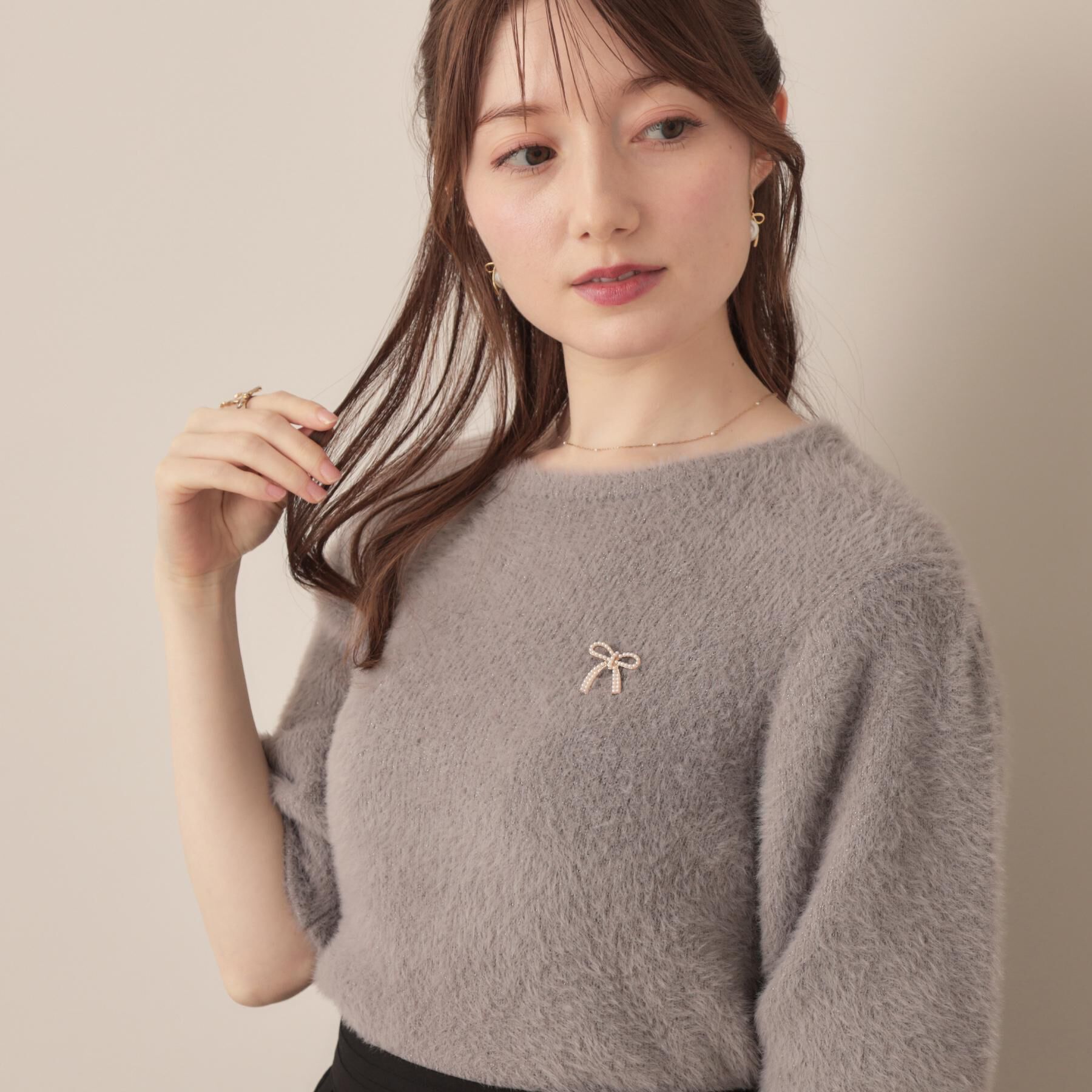 Couture broach「【着映え・5分袖・フェミニン】ラメフェザー半袖ニット」|ニット・セーター|