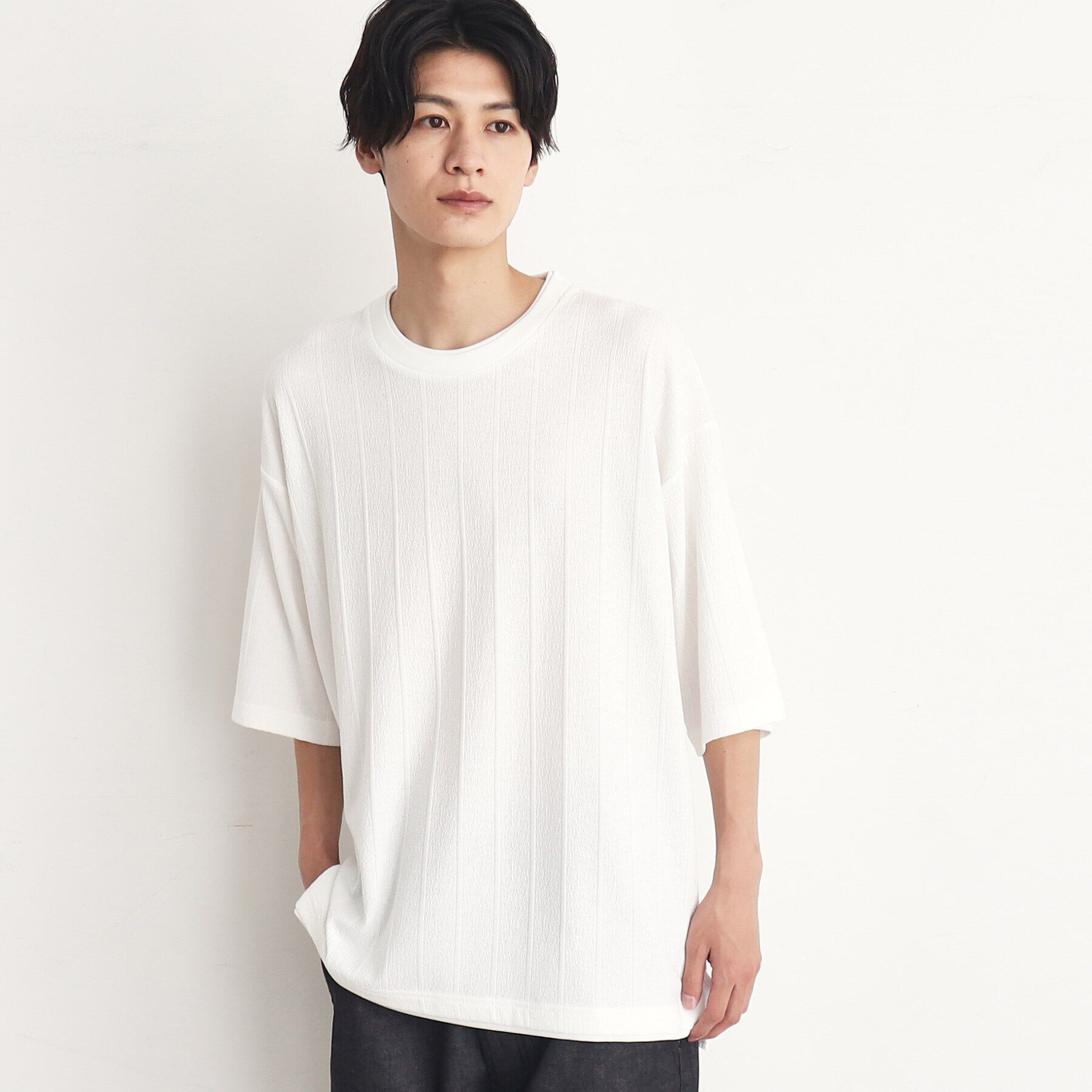 THE SHOP TK「【ビッグシルエット】ストライプジャカードフェイクレイヤードTシャツ」|Tシャツ・カットソー|