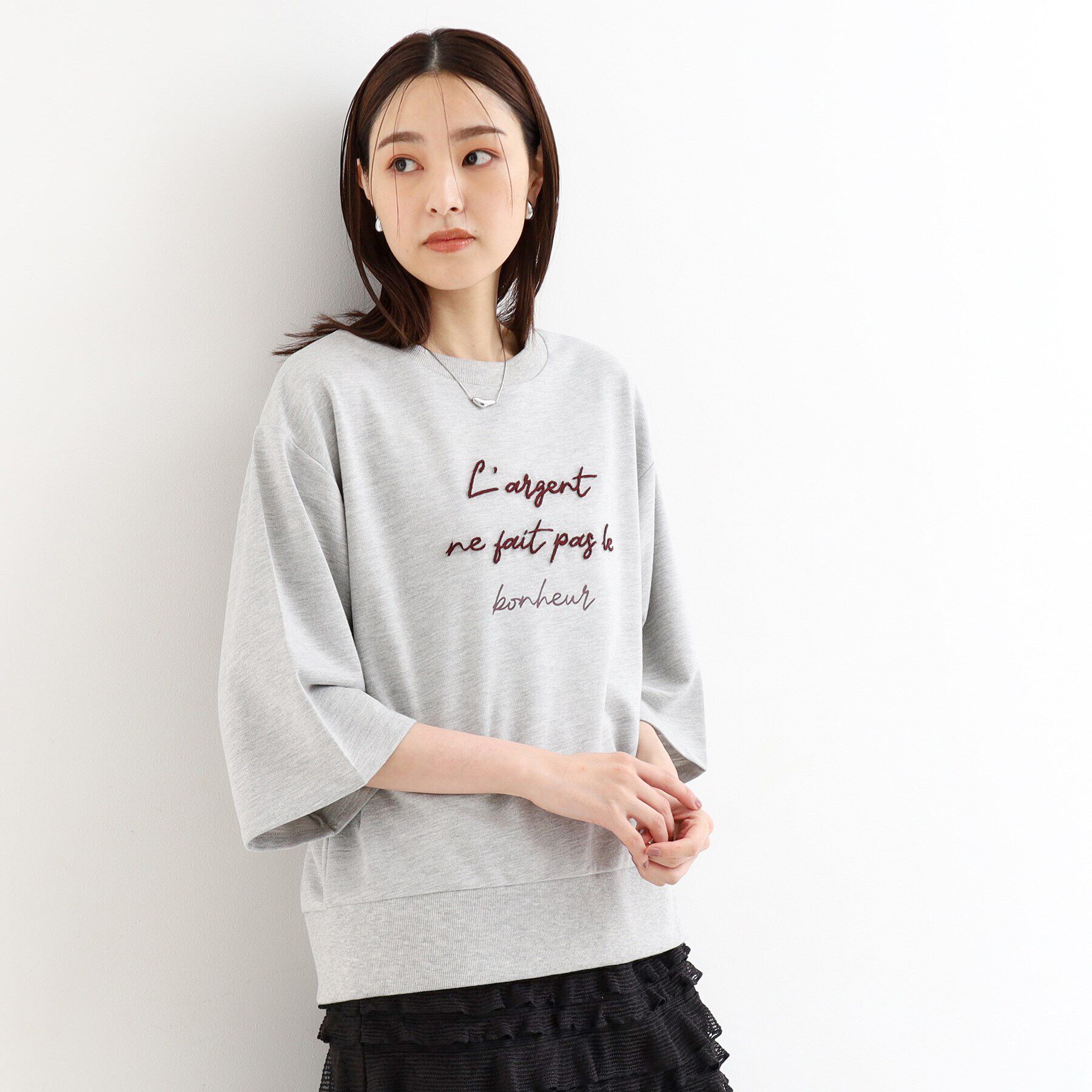 THE SHOP TK「【リラクシー/チュニック丈】6分袖裏毛刺繍プルオーバー/洗える」|Tシャツ・カットソー|