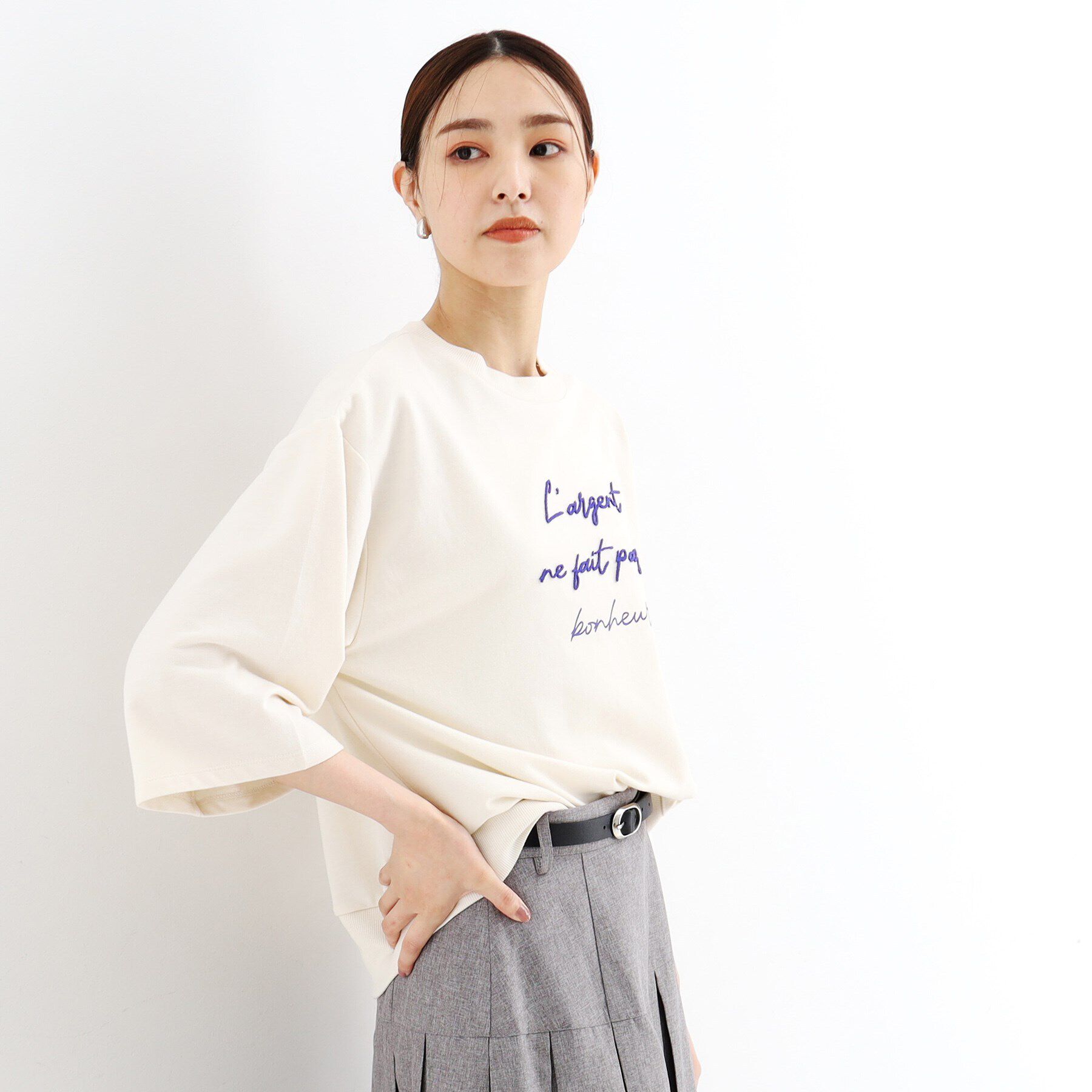 THE SHOP TK「【リラクシー/チュニック丈】6分袖裏毛刺繍プルオーバー/洗える」|Tシャツ・カットソー|