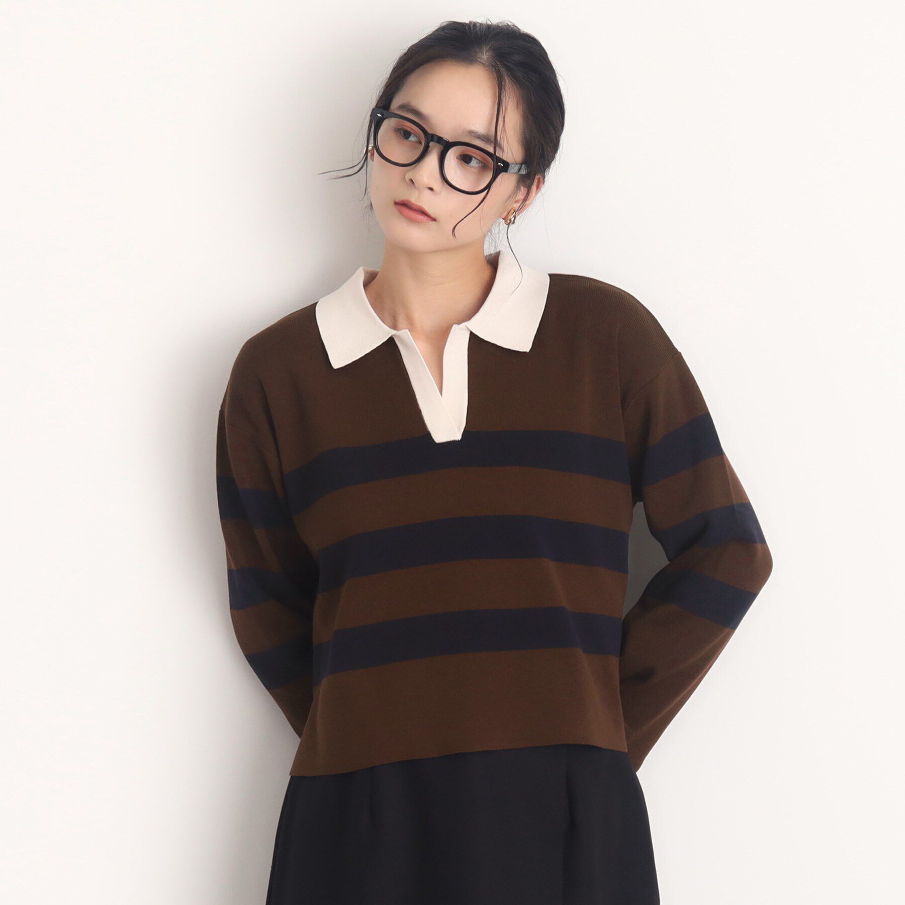 THE SHOP TK「ボーダーポロニット【洗える】」|ニット・セーター|ネイビー(394)