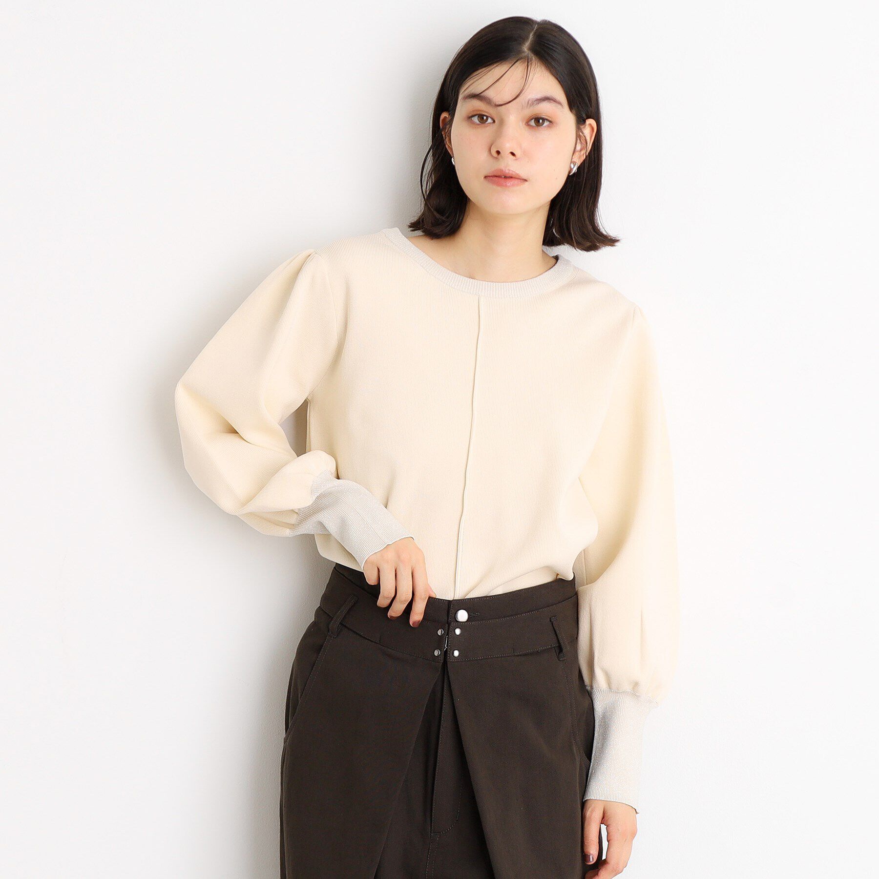 THE SHOP TK「袖ボリューム&times;ラメリブ配色ニット【洗える】」|ニット・セーター|オフホワイト(003