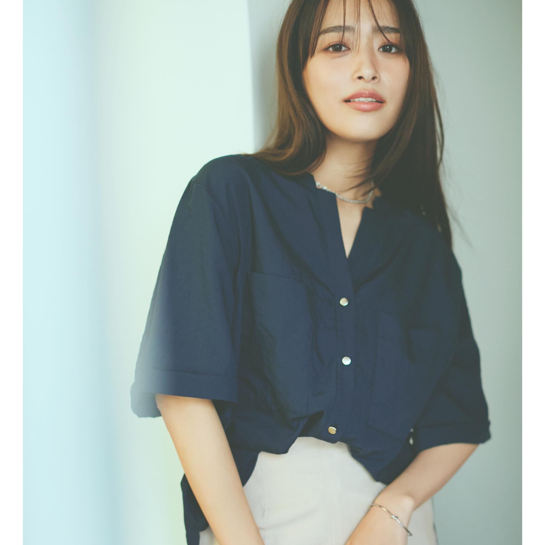 THE SHOP TK「ダブルポケット5分袖シャツ【体型カバー/洗濯機OK】」|シャツ・ブラウス|ネイビー(094)