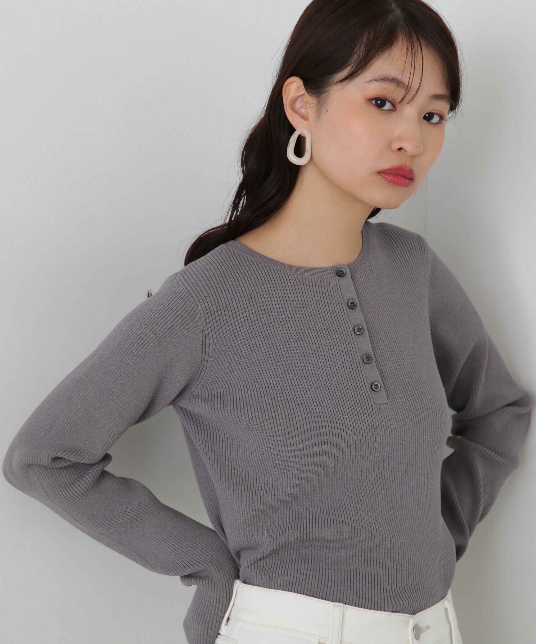  「ヘンリーネックプルオーバーニット」|ニット・セーター|グレー