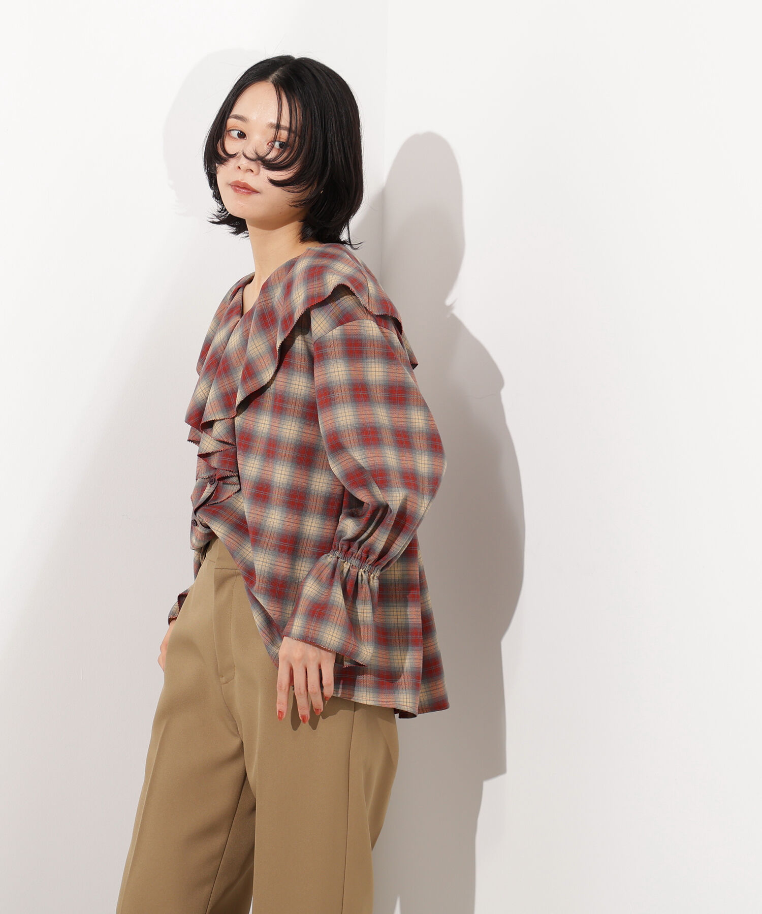  「チェックラッフルブラウス」|シャツ・ブラウス|