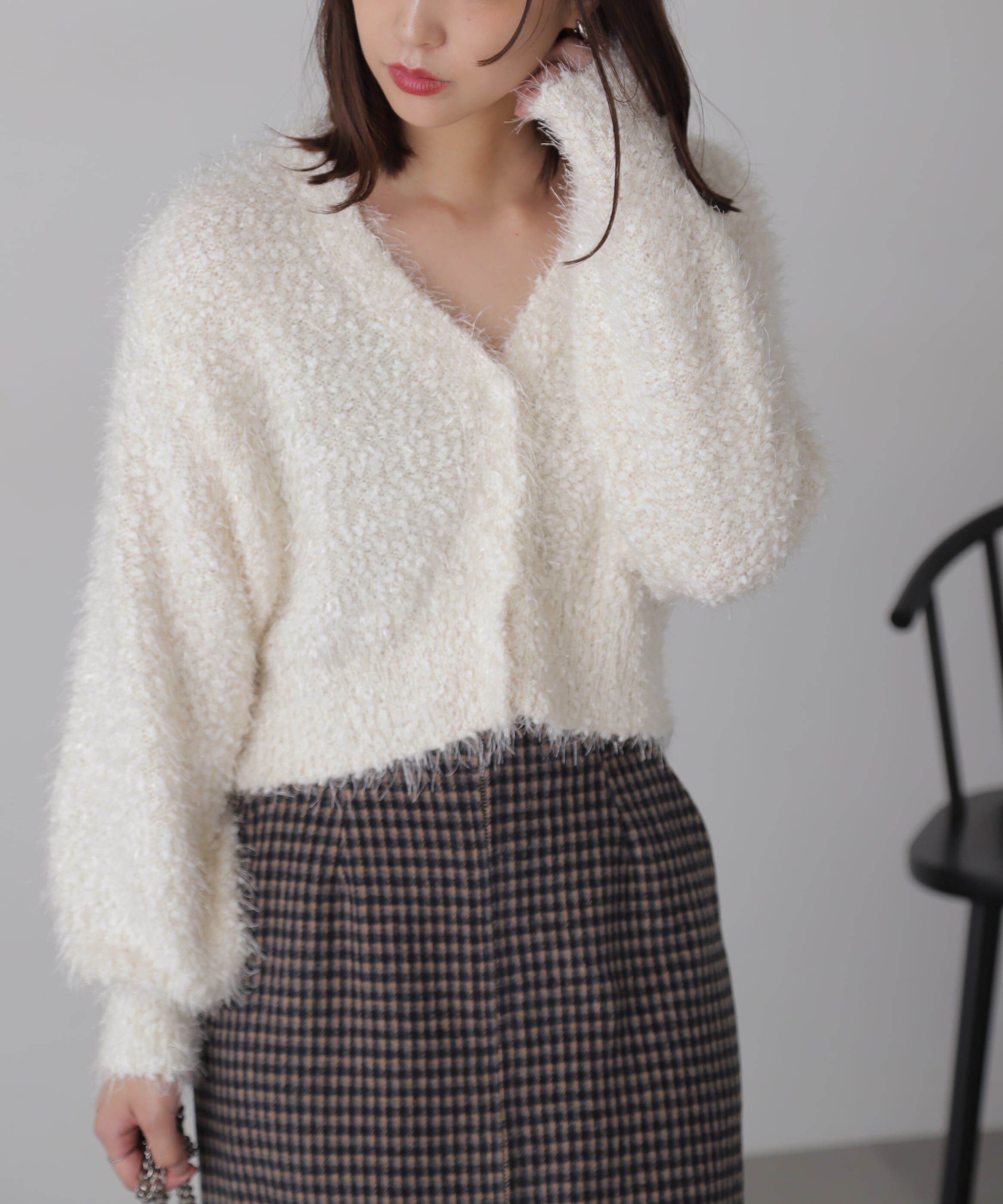  「シャイニーフェザーミックスカーディガン」|ニット・セーター|ホワイト