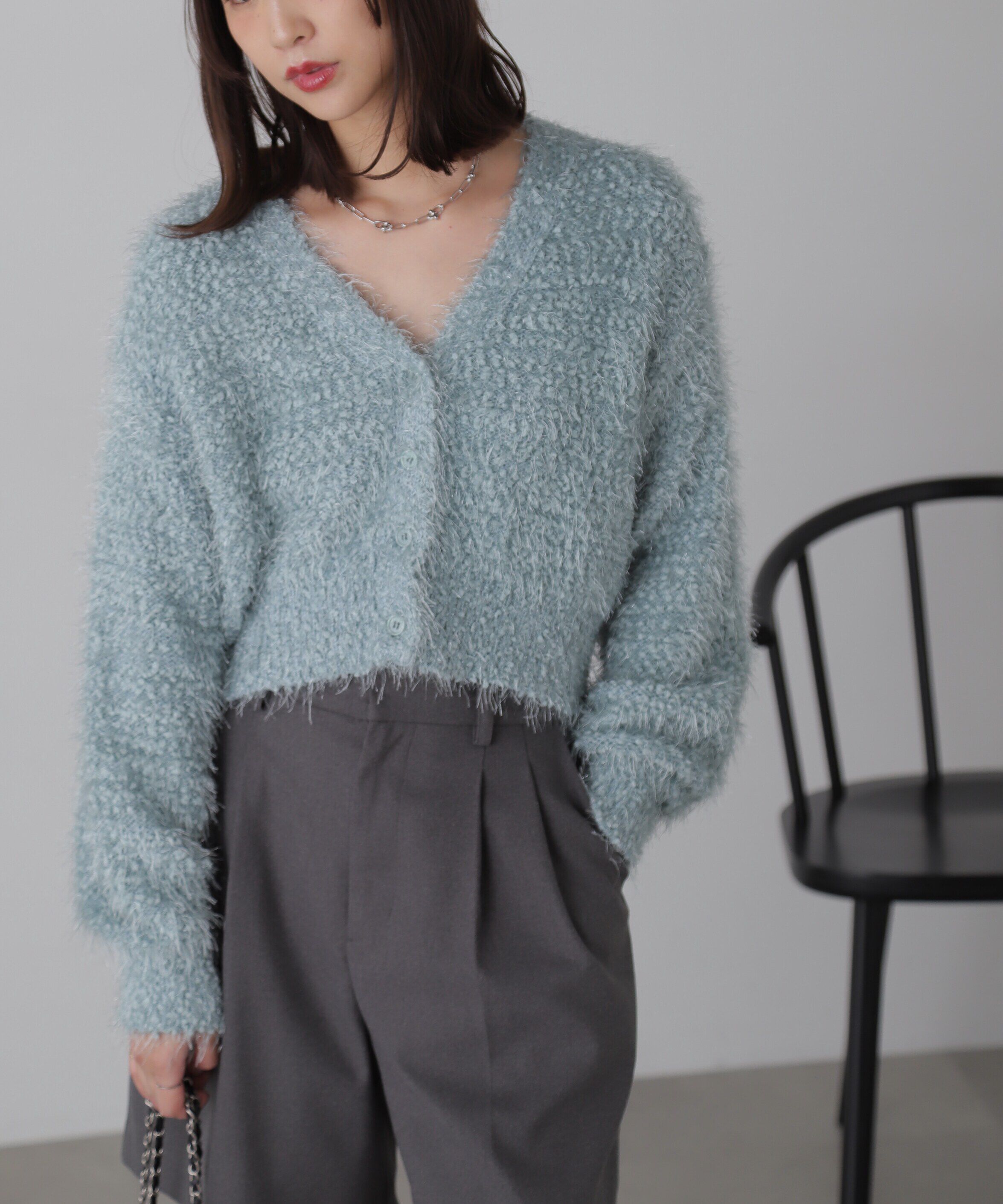  「シャイニーフェザーミックスカーディガン」|ニット・セーター|ライトブルー