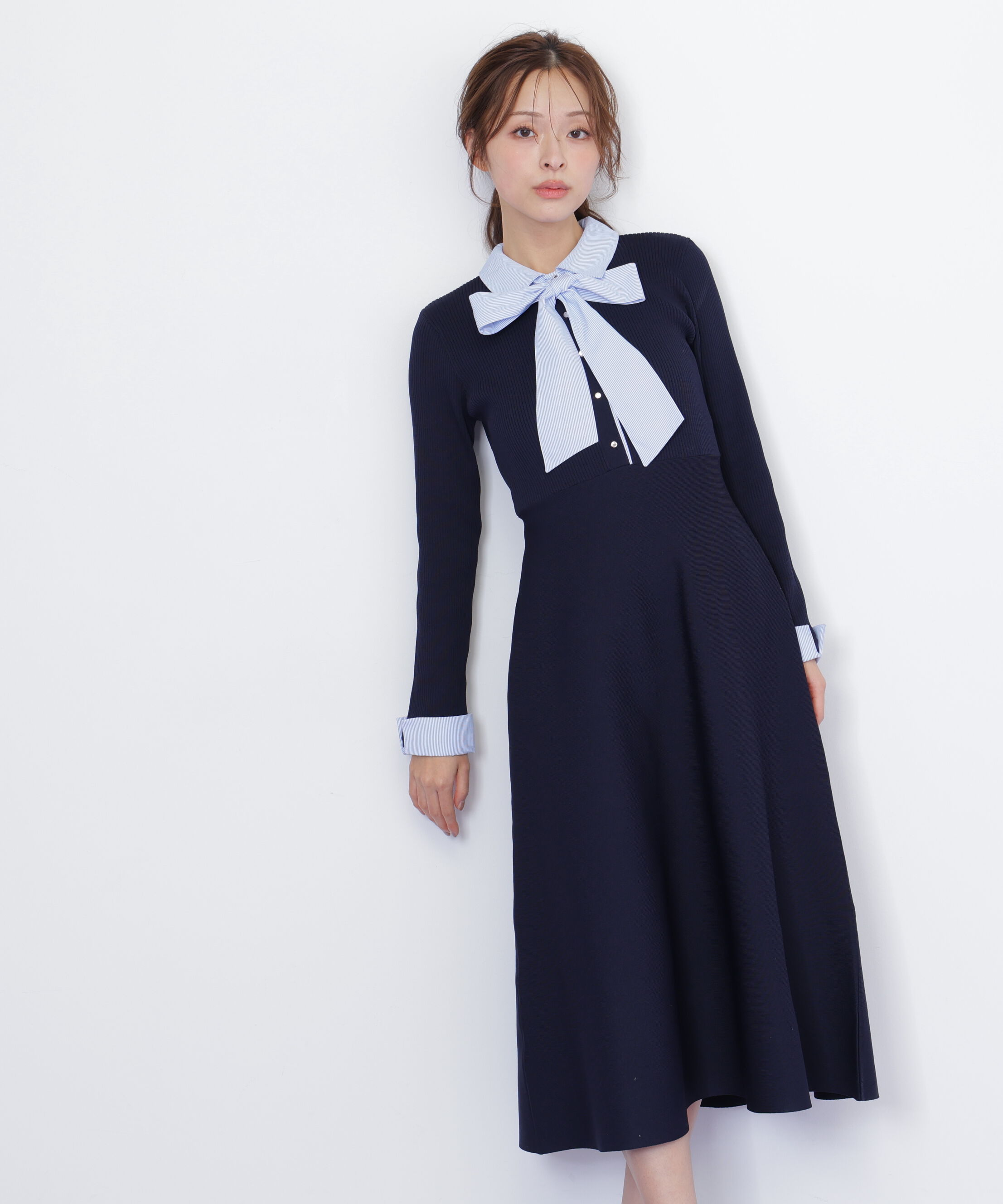  「シャツ襟ドッキングニットワンピース」|ワンピース|