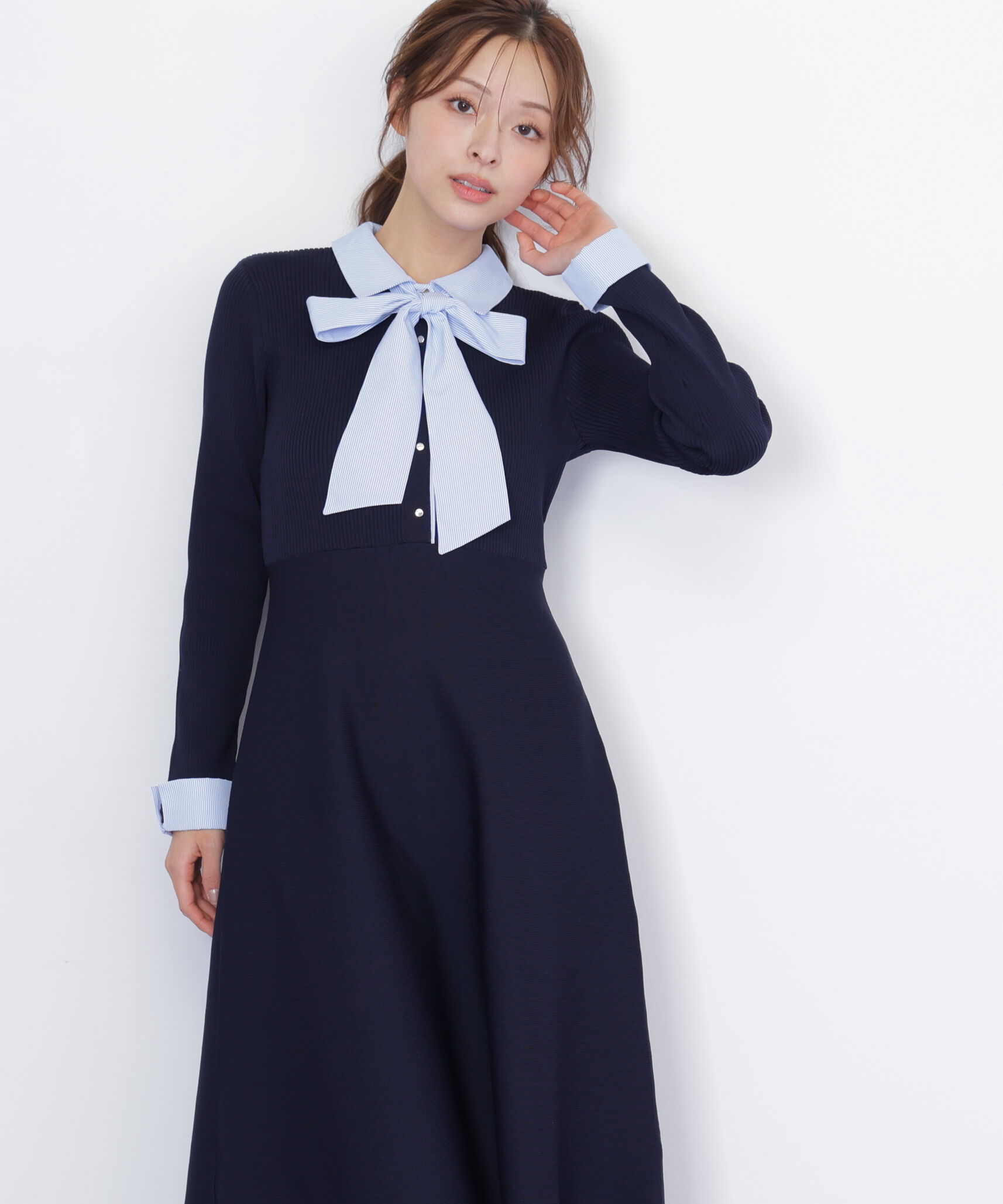  「シャツ襟ドッキングニットワンピース」|ワンピース|