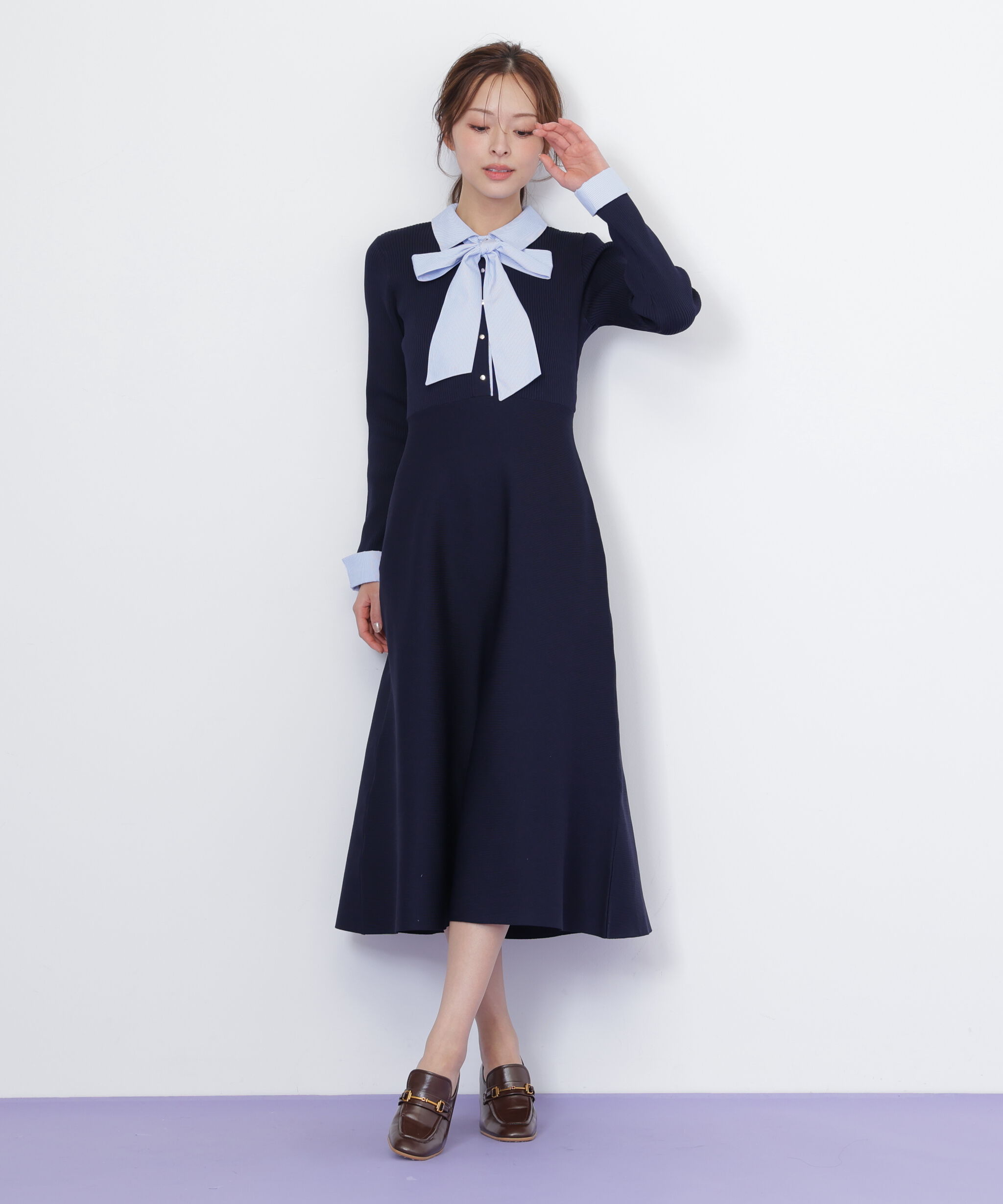  「シャツ襟ドッキングニットワンピース」|ワンピース|