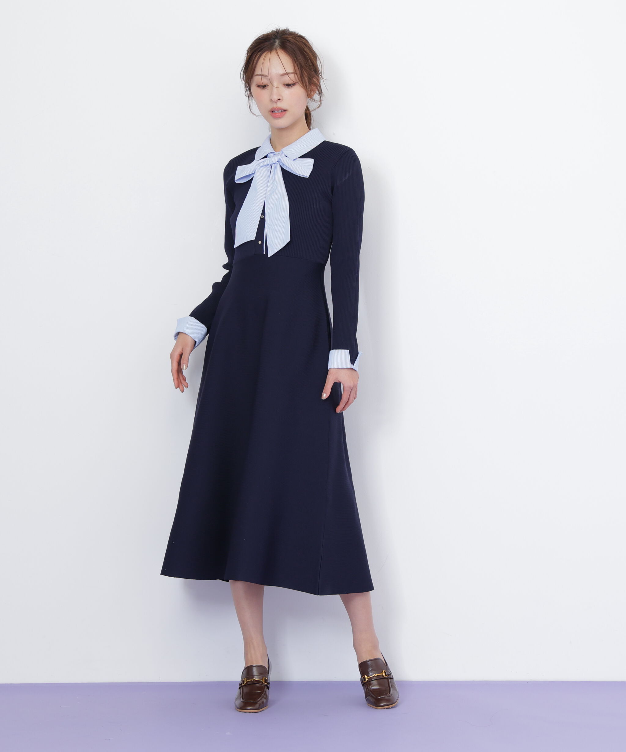  「シャツ襟ドッキングニットワンピース」|ワンピース|