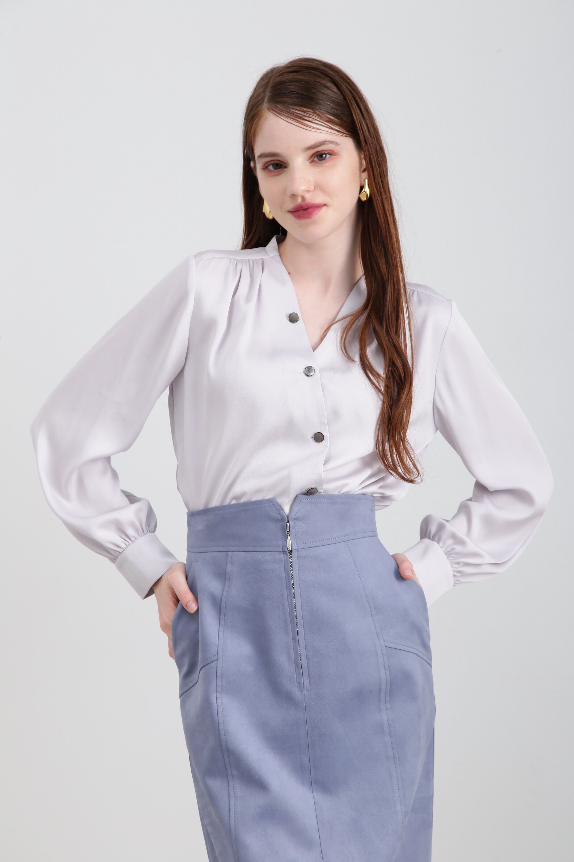  「◆Ｖネックボタンブラウス」|シャツ・ブラウス|