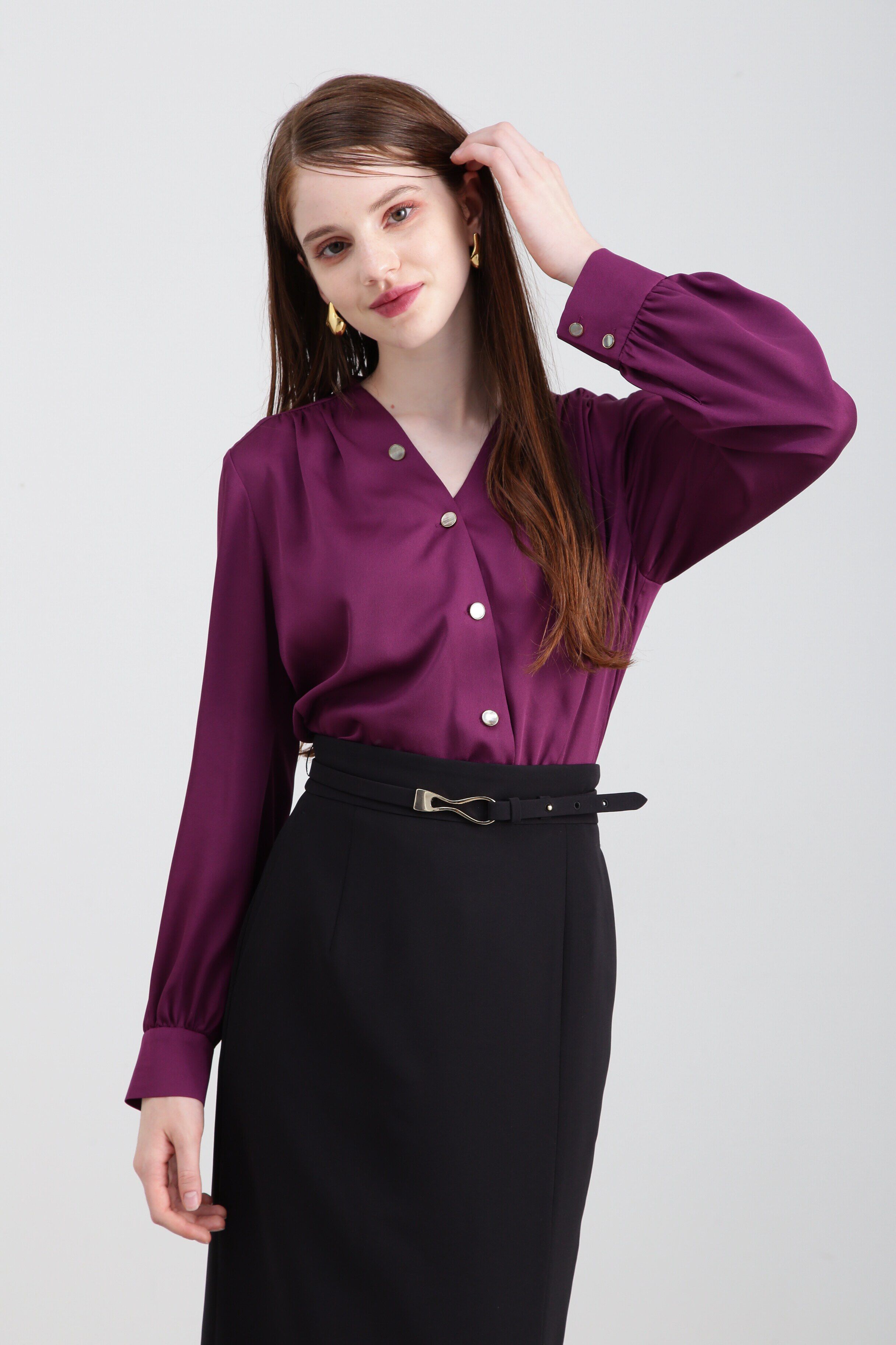  「◆Ｖネックボタンブラウス」|シャツ・ブラウス|パープル