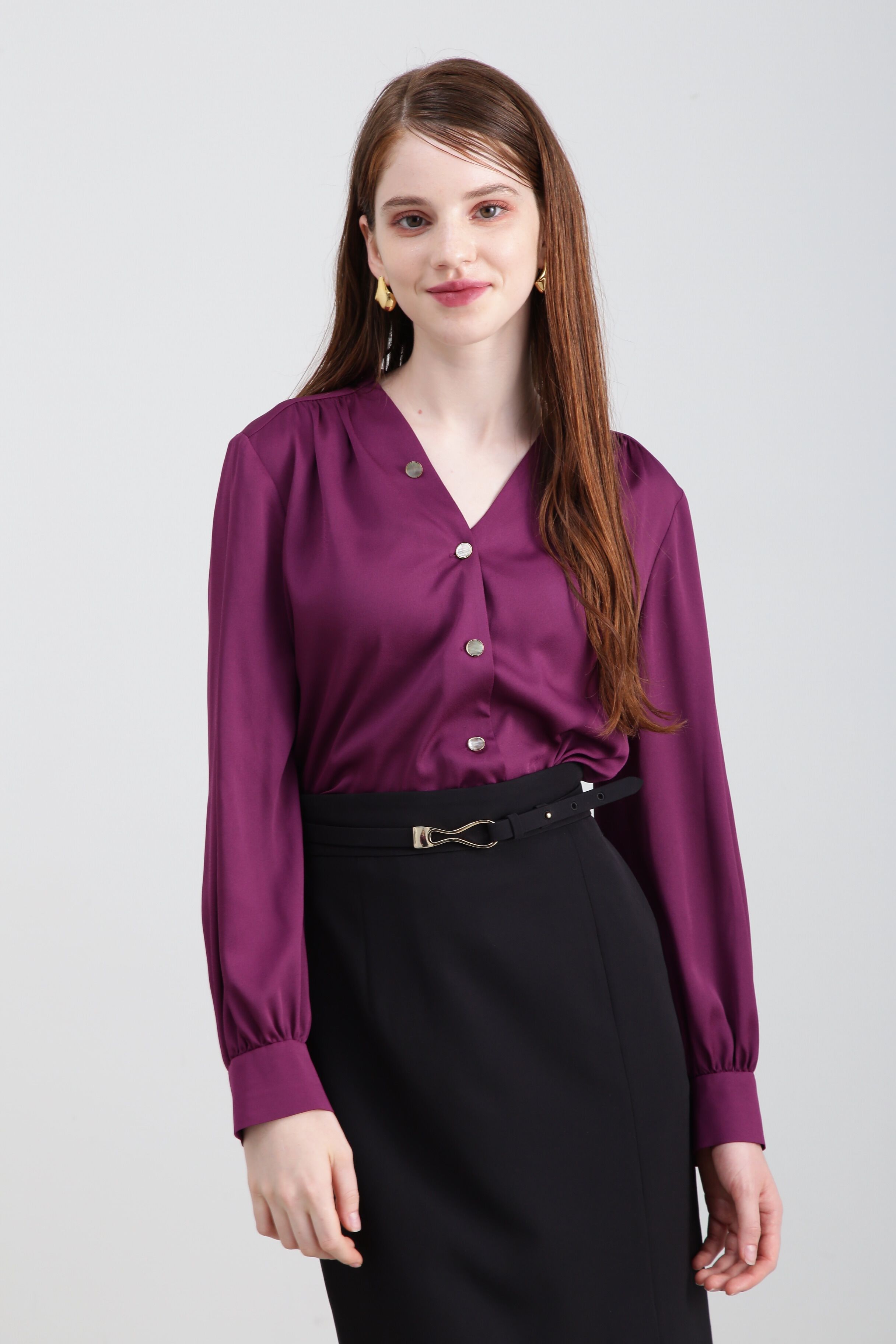  「◆Ｖネックボタンブラウス」|シャツ・ブラウス|