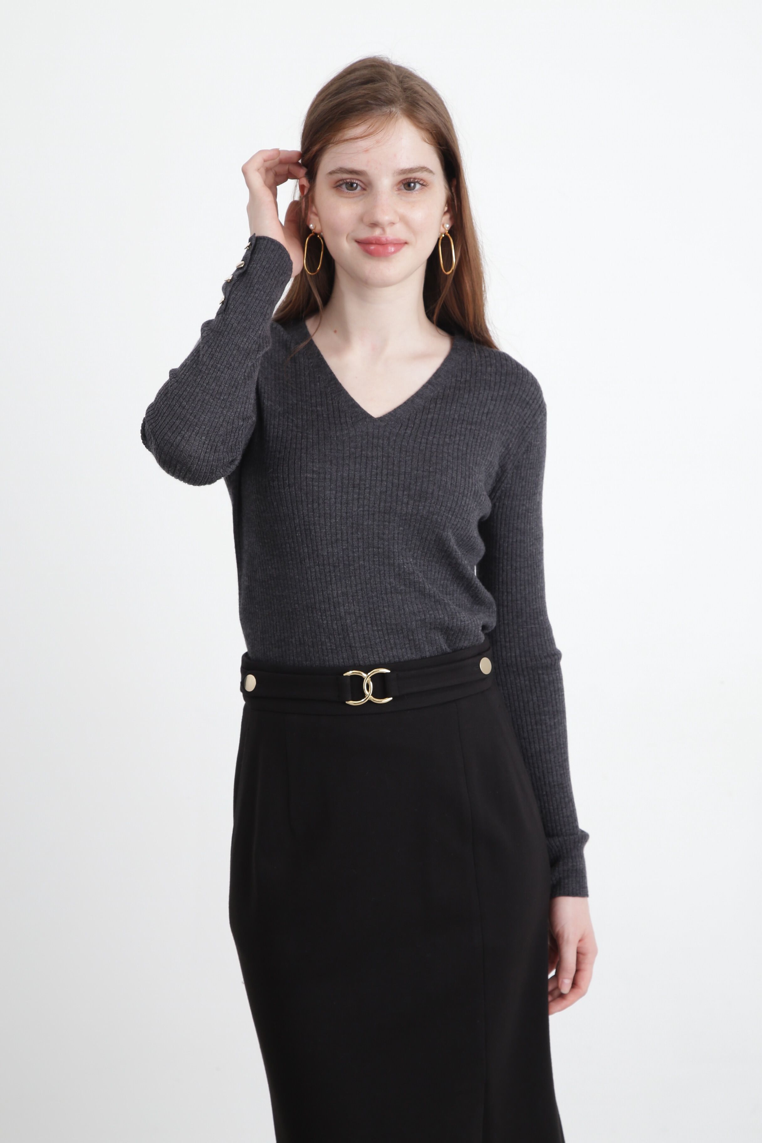  「◆Ｖネックニットプルオーバー」|ニット・セーター|グレー