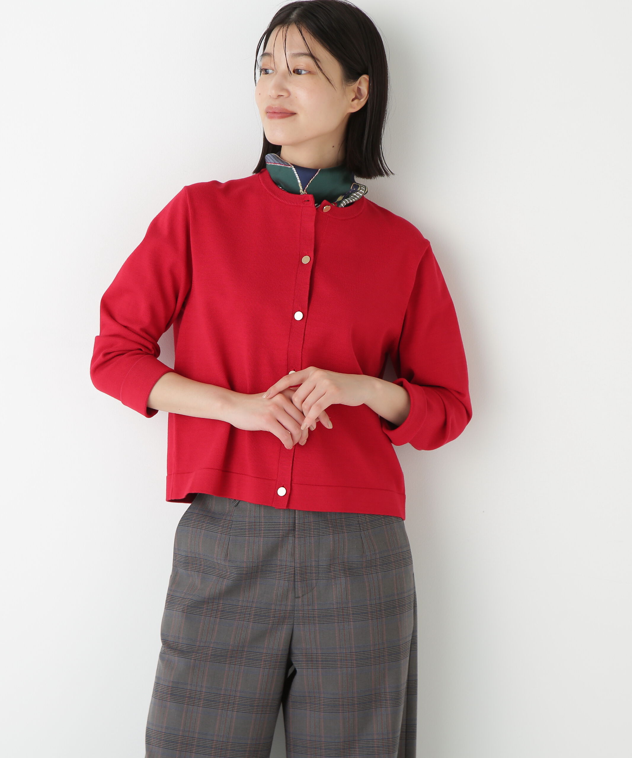  「◆レーヨン混ハイゲージクルーネックカーディガン」|ニット・セーター|レッド