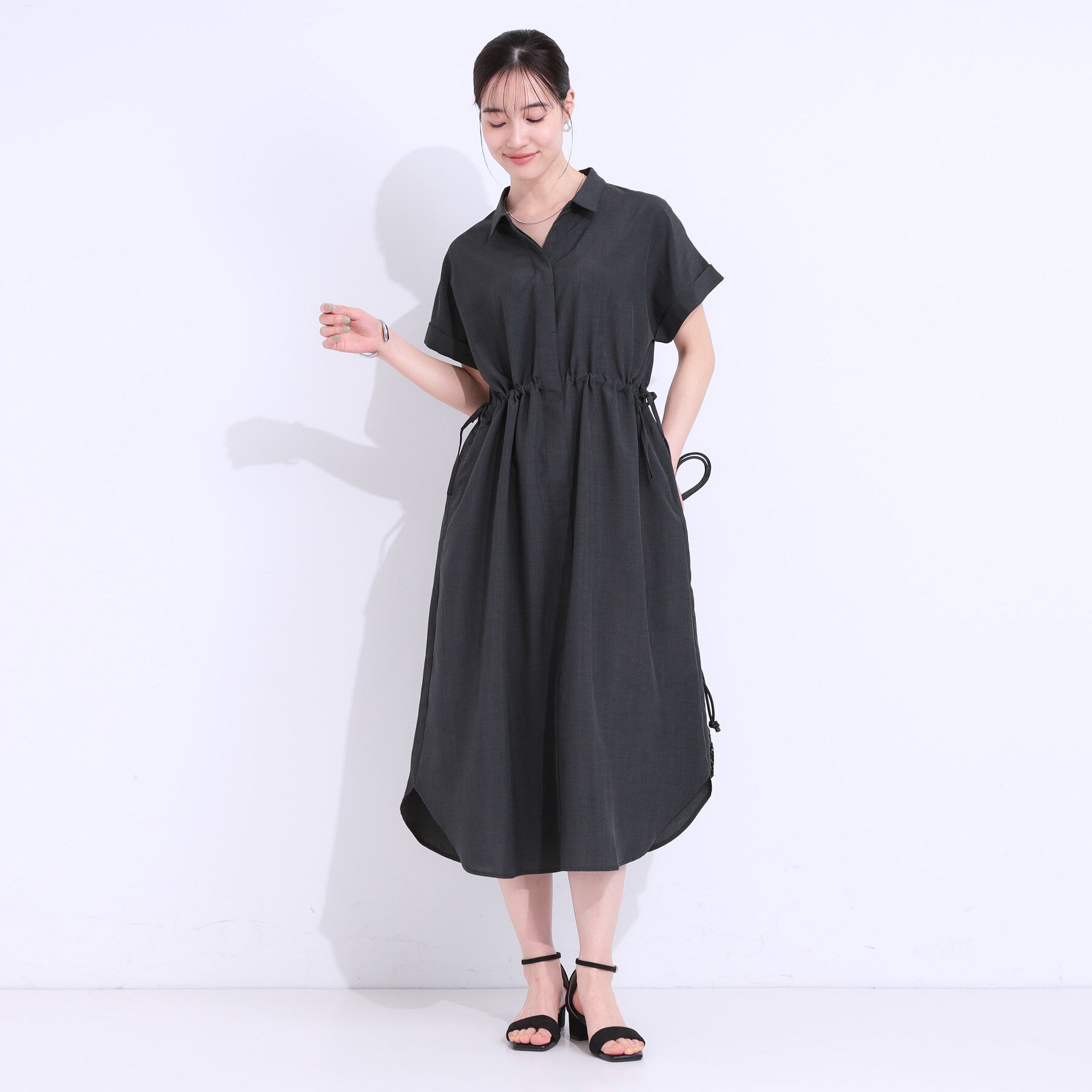 SHOO･LA･RUE「【S-LL】お顔周りすっきり 麻調スキッパーシャツワンピース」|ワンピース|