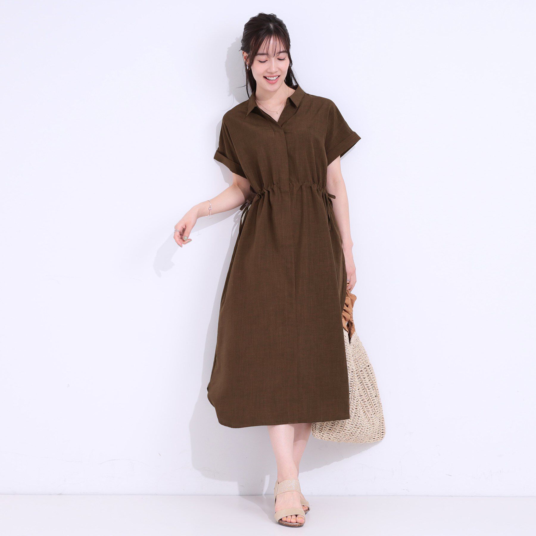 SHOO･LA･RUE「【S-LL】お顔周りすっきり 麻調スキッパーシャツワンピース」|ワンピース|