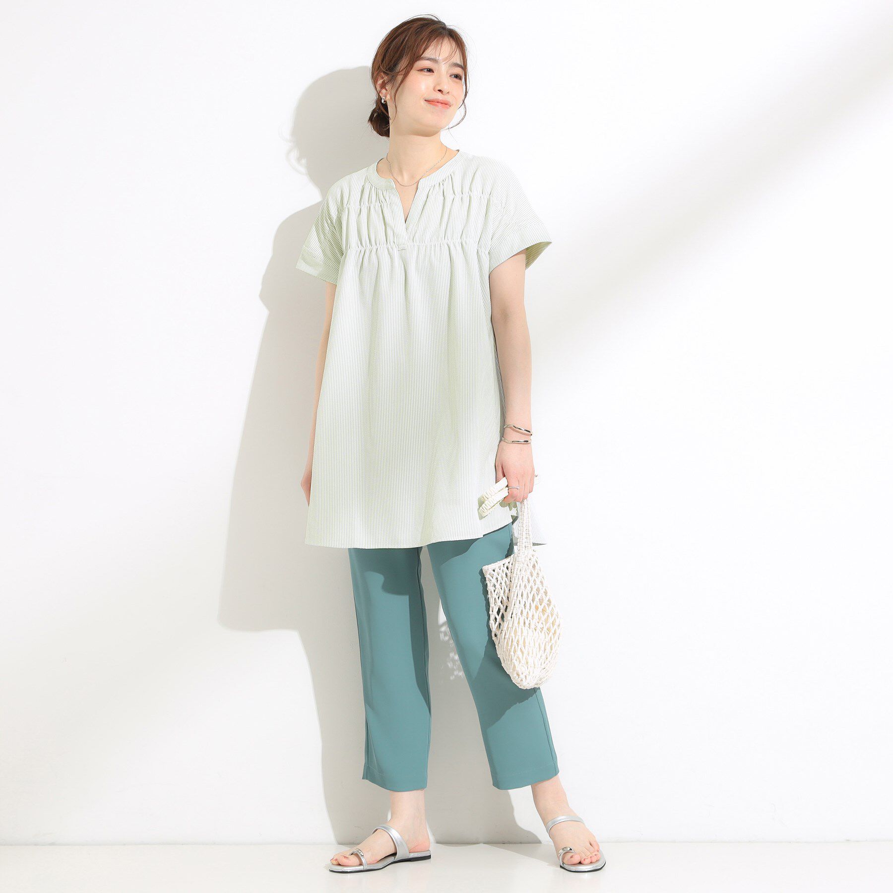 SHOO･LA･RUE「【S-LL/ひんやり/体型カバー】サッカーストライプ Aラインチュニックブラウス」|チュニック|