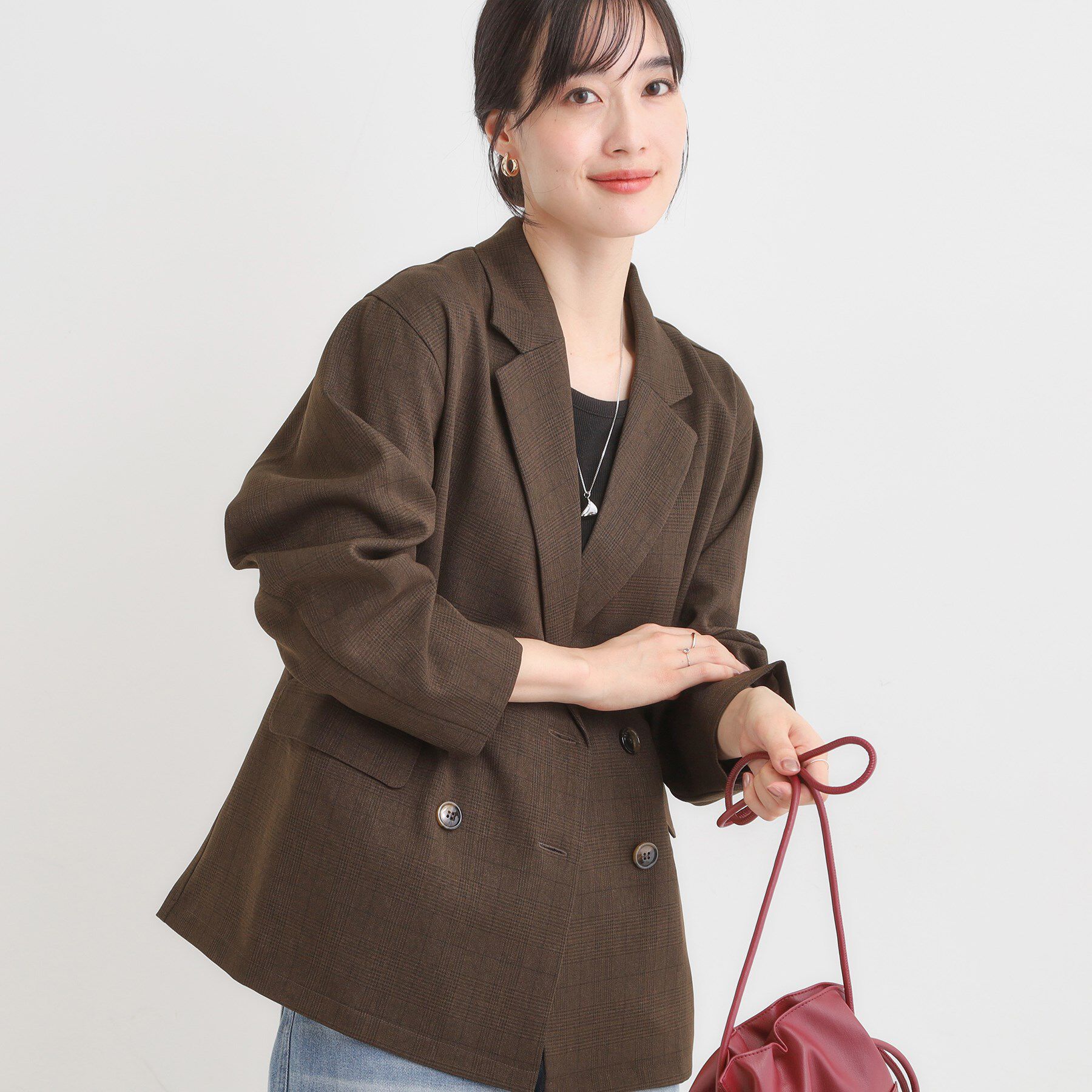 SHOO･LA･RUE「【セットアップ可】チェック柄 ダブルブレストテーラードゆるジャケット」|テーラードジャケット|ブラウン(243)