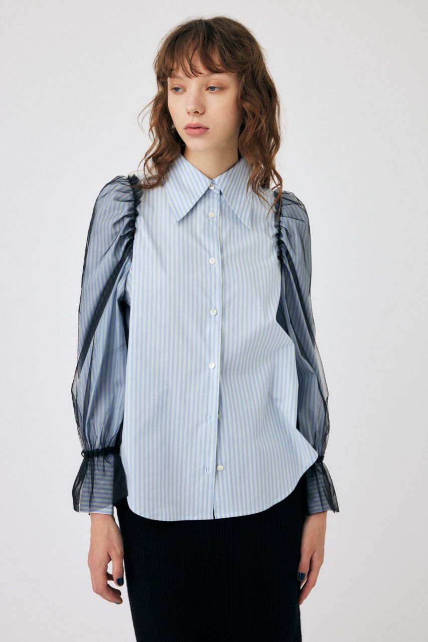 MOUSSY「TULLE SLEEVE シャツブラウス」|シャツ・ブラウス|柄BLU5