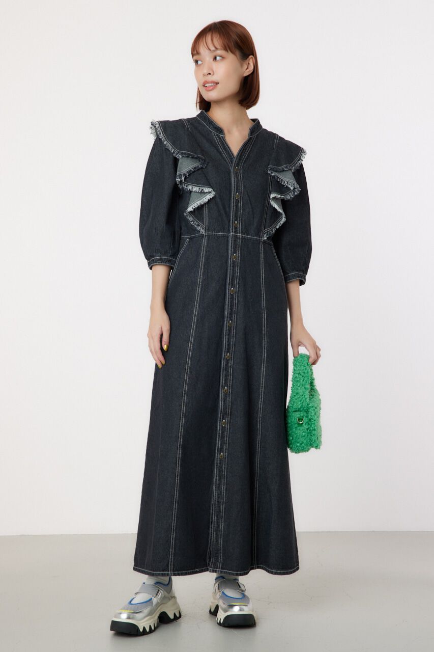 RODEO CROWNS「フリルデザインデニムロングワンピース」|ワンピース|BLK