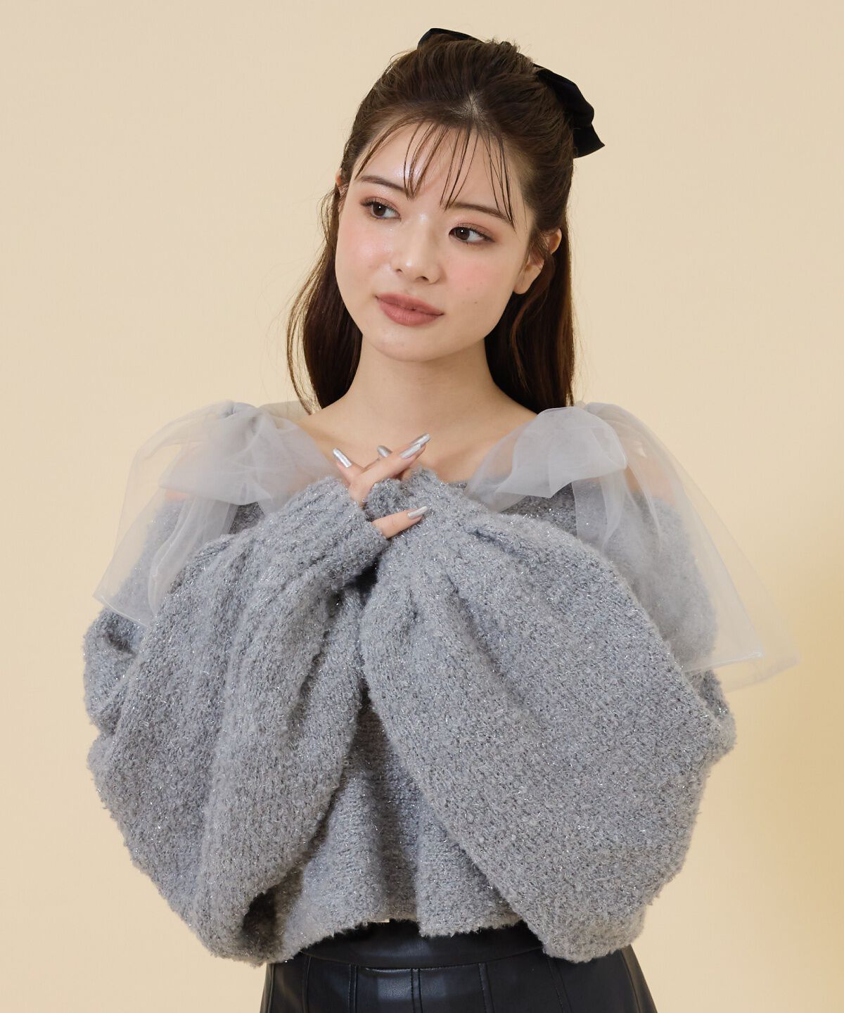 REDYAZEL「チュールリボンラメニットトップス」|ニット・セーター|グレー