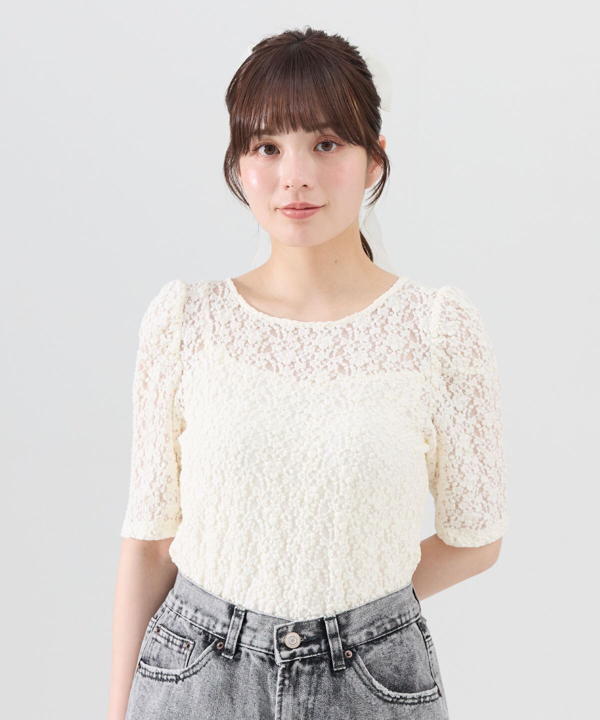 REDYAZEL「フラワーレース5分袖トップス」|Tシャツ・カットソー|