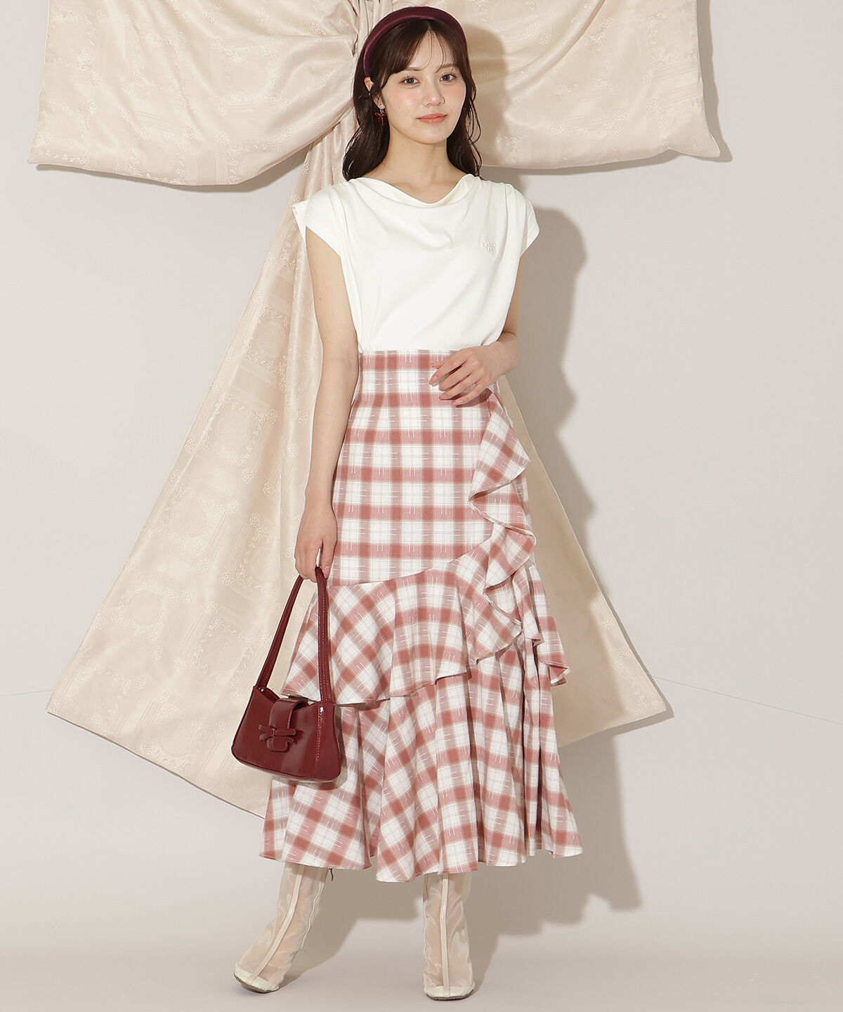 WILLSELECTION「ラッフルティアードヘムスカート」|タイト|赤系チェック