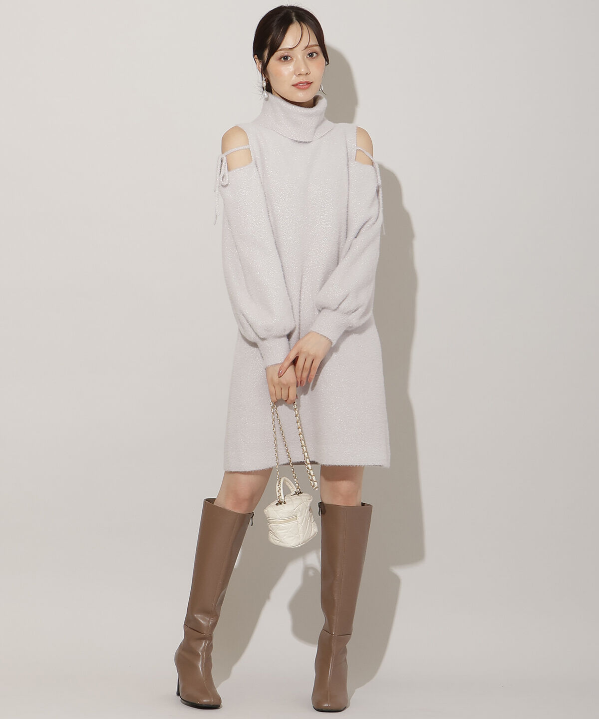 WILLSELECTION「オープンショルダーラメフェザーニットワンピース」|ワンピース|ラベンダー