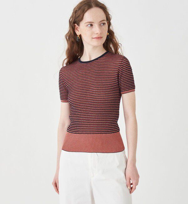 MACPHEE「コットンナイロンラメボーダー ハーフスリーブプルオーバー」|ニット・セーター|