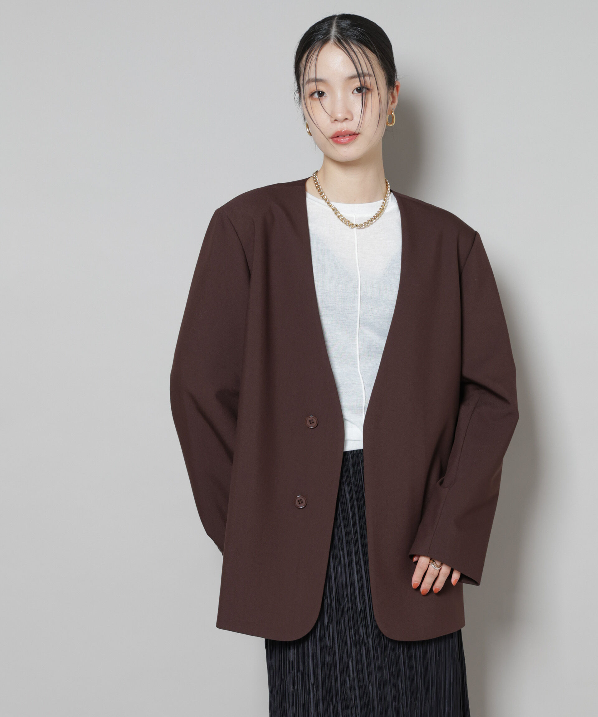 nano･universe「カラーレスワイドショルダージャケット(セットアップ可)」|テーラードジャケット|ブラウン