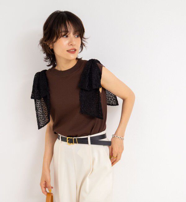 NOLLEY'S「《手洗い可能》肩シアーリボンノースリーブプルオーバーニット」|ニット・セーター|