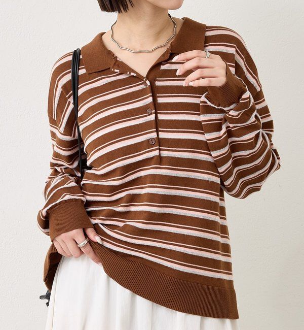  「マルチボーダーポロニット」|ニット・セーター|ブラウン